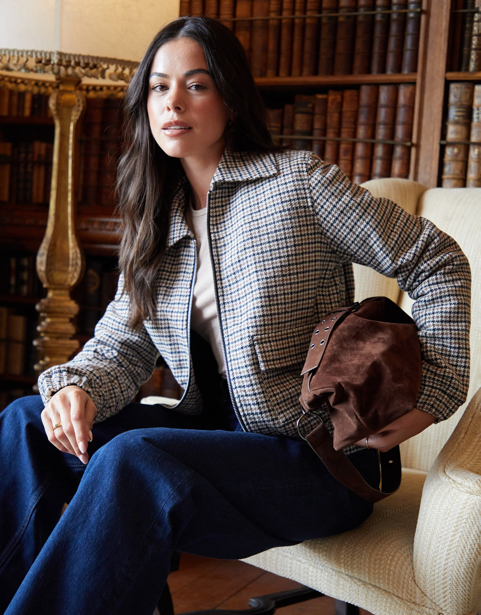 Houndstooth Check Faux Wool Jacket in Brown - Image 5