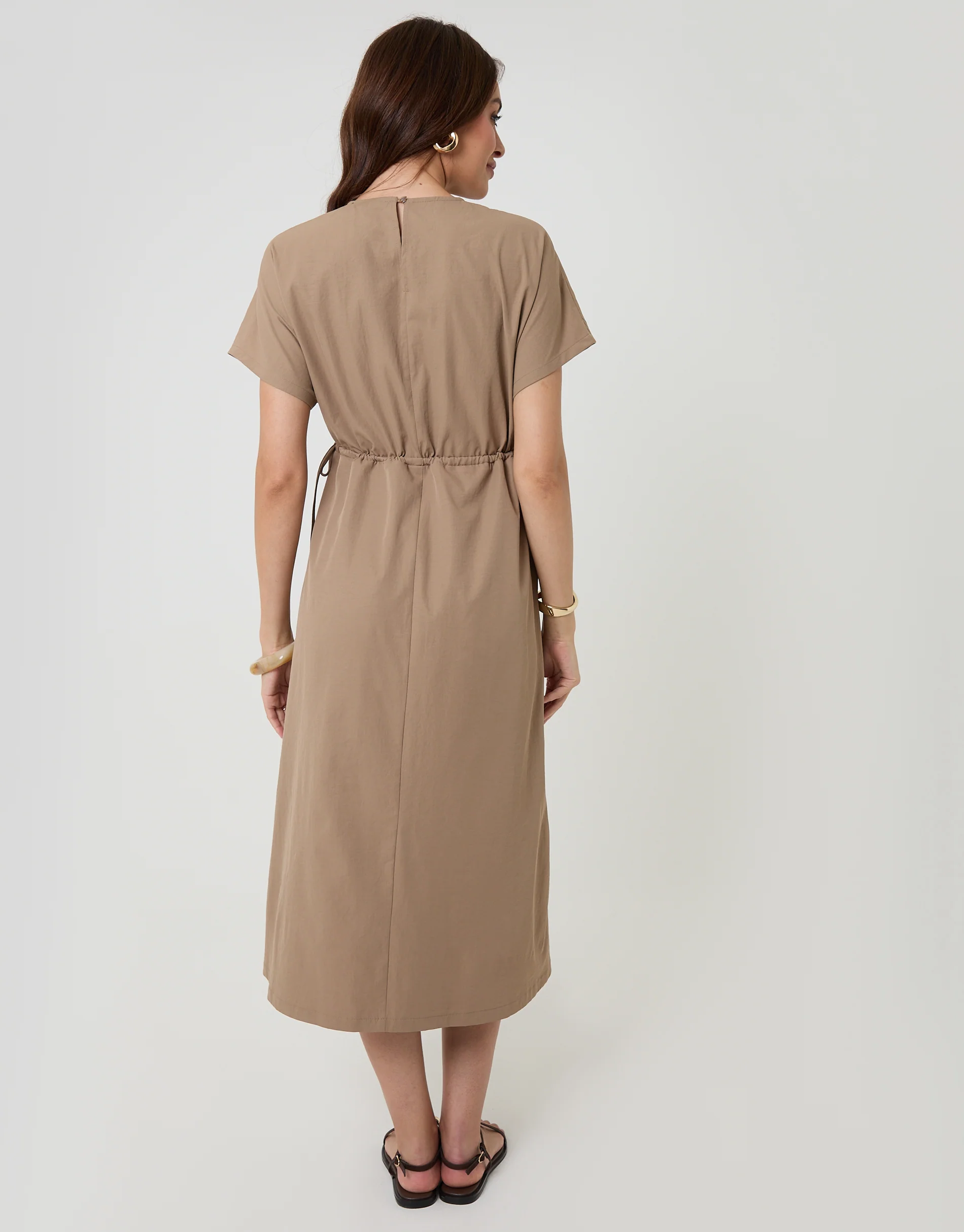 Kimono Sleeve Drawstring Waist Midi Dress in Taupe - Image 2