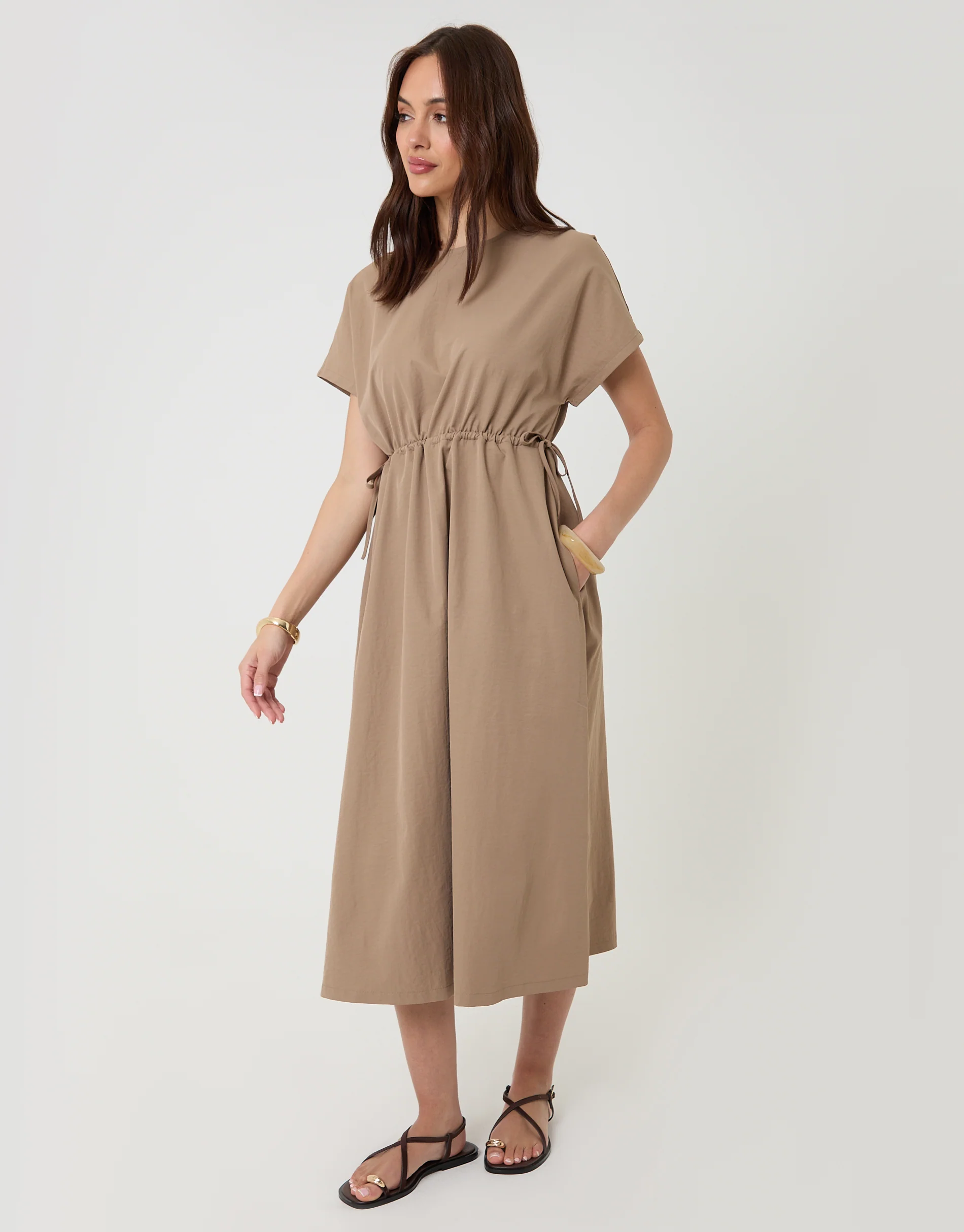 Kimono Sleeve Drawstring Waist Midi Dress in Taupe - Image 3