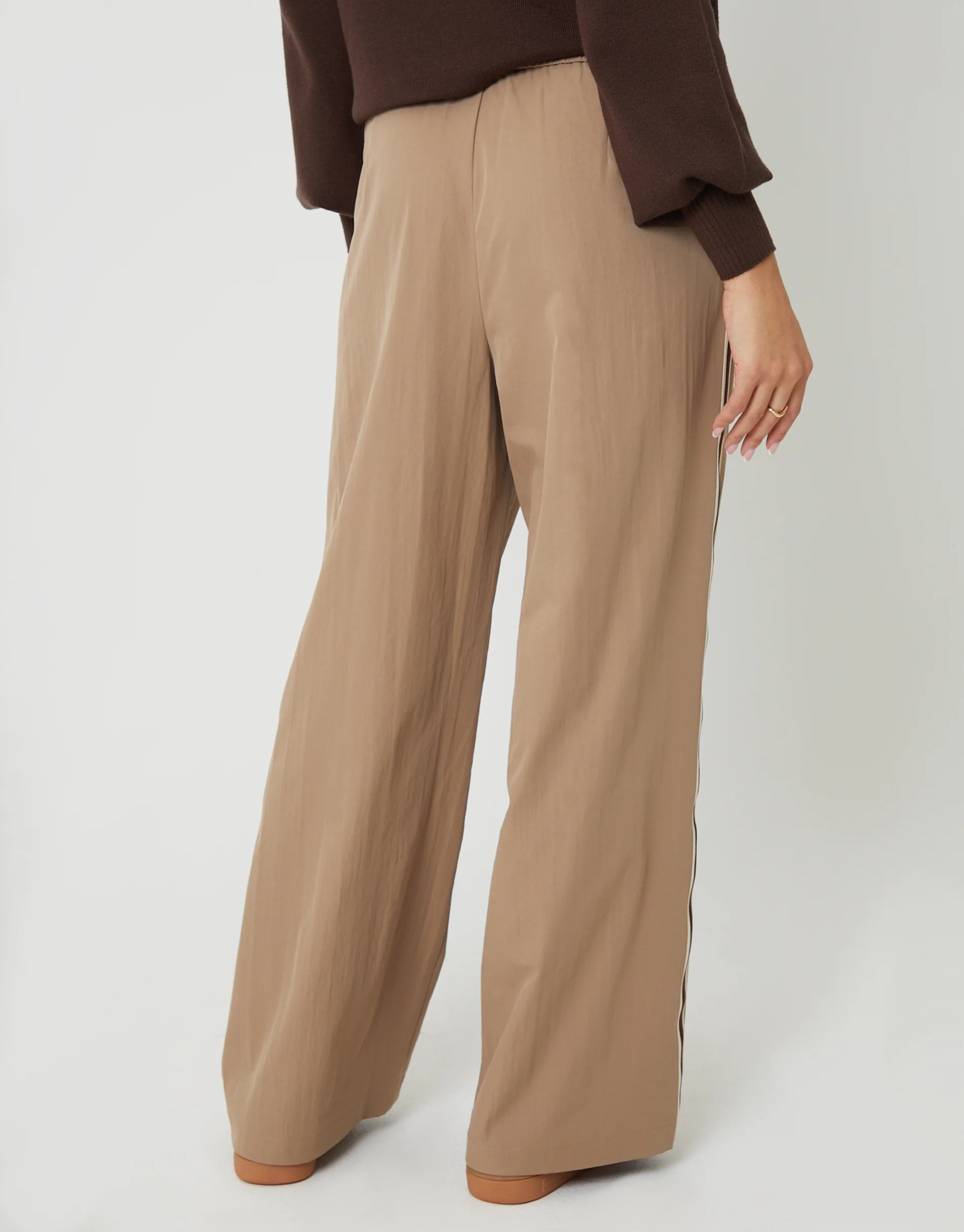 Wide Leg Pleated Side Stripe Trousers in Brown - Image 3