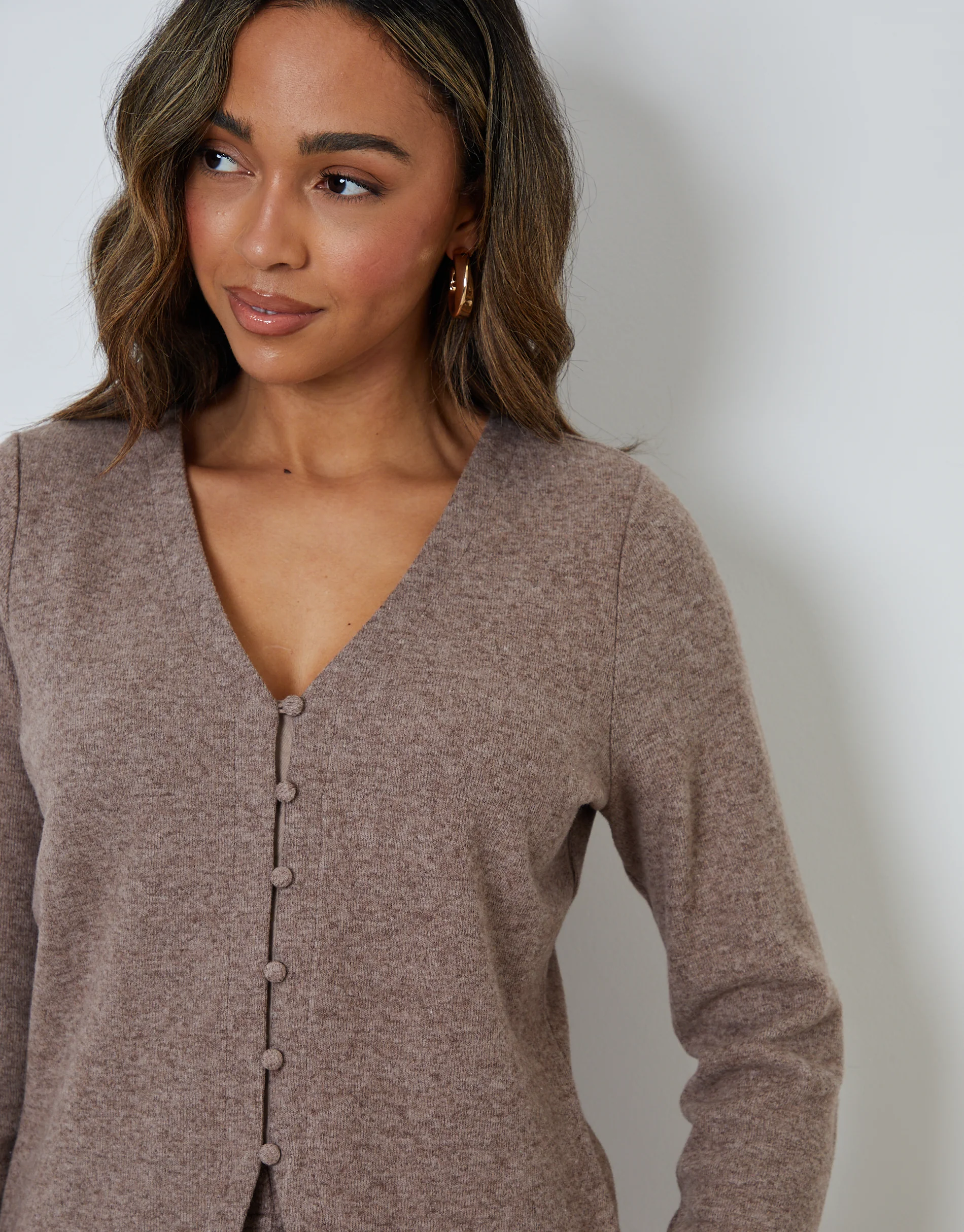 Ribbed V Neck Lounge Cardigan in Brown - Image 2