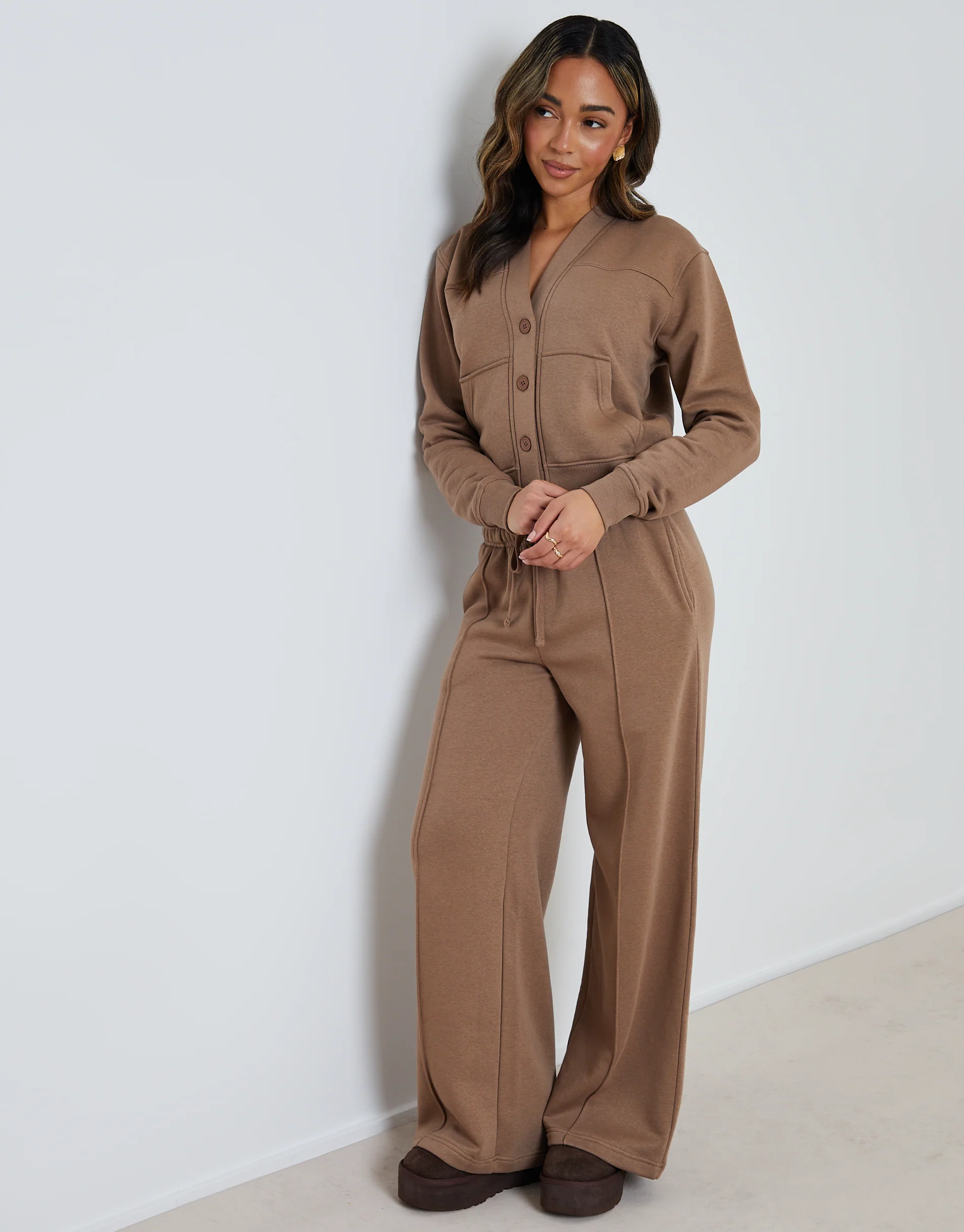 Sweat Bomber Cardigan & Jogger Co-ord Set in Brown