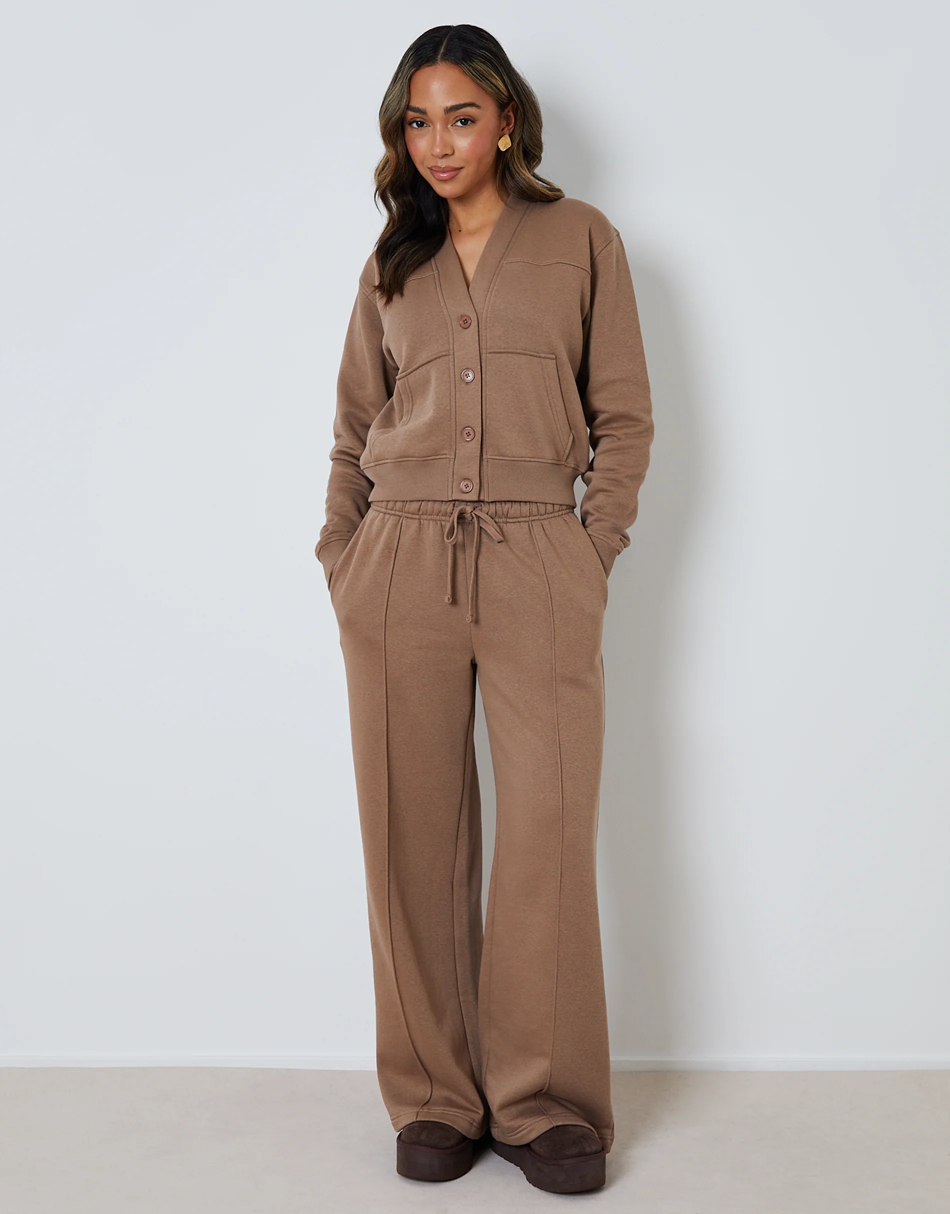 Sweat Bomber Cardigan & Jogger Co-ord Set in Brown - Image 3