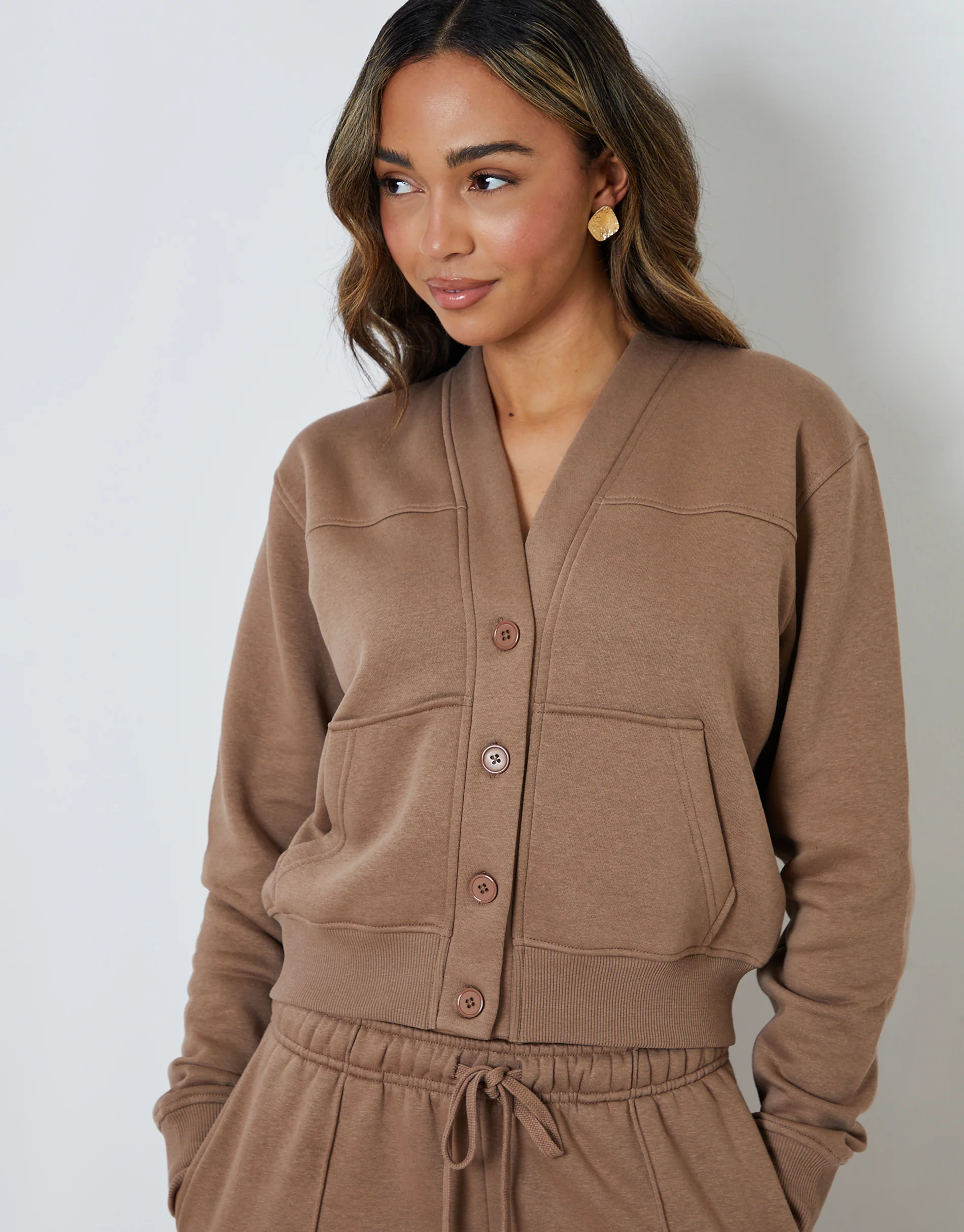 Sweat Bomber Cardigan & Jogger Co-ord Set in Brown - Image 5