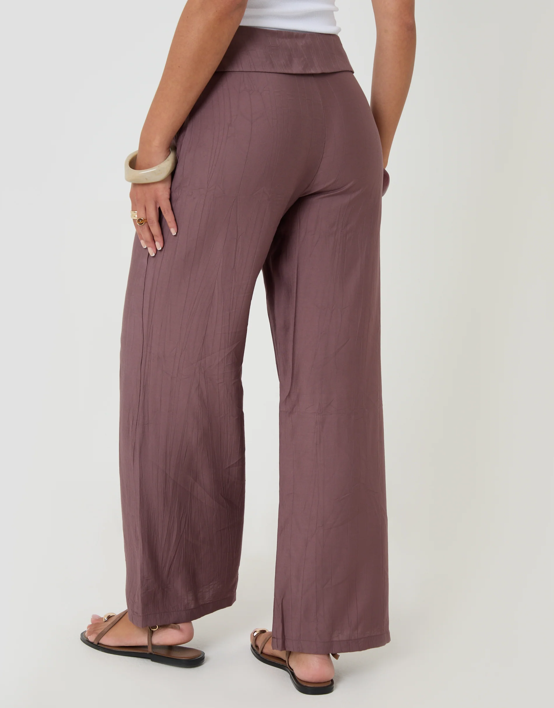Wide Leg Wrap Front Textured Trousers in Brown - Image 3