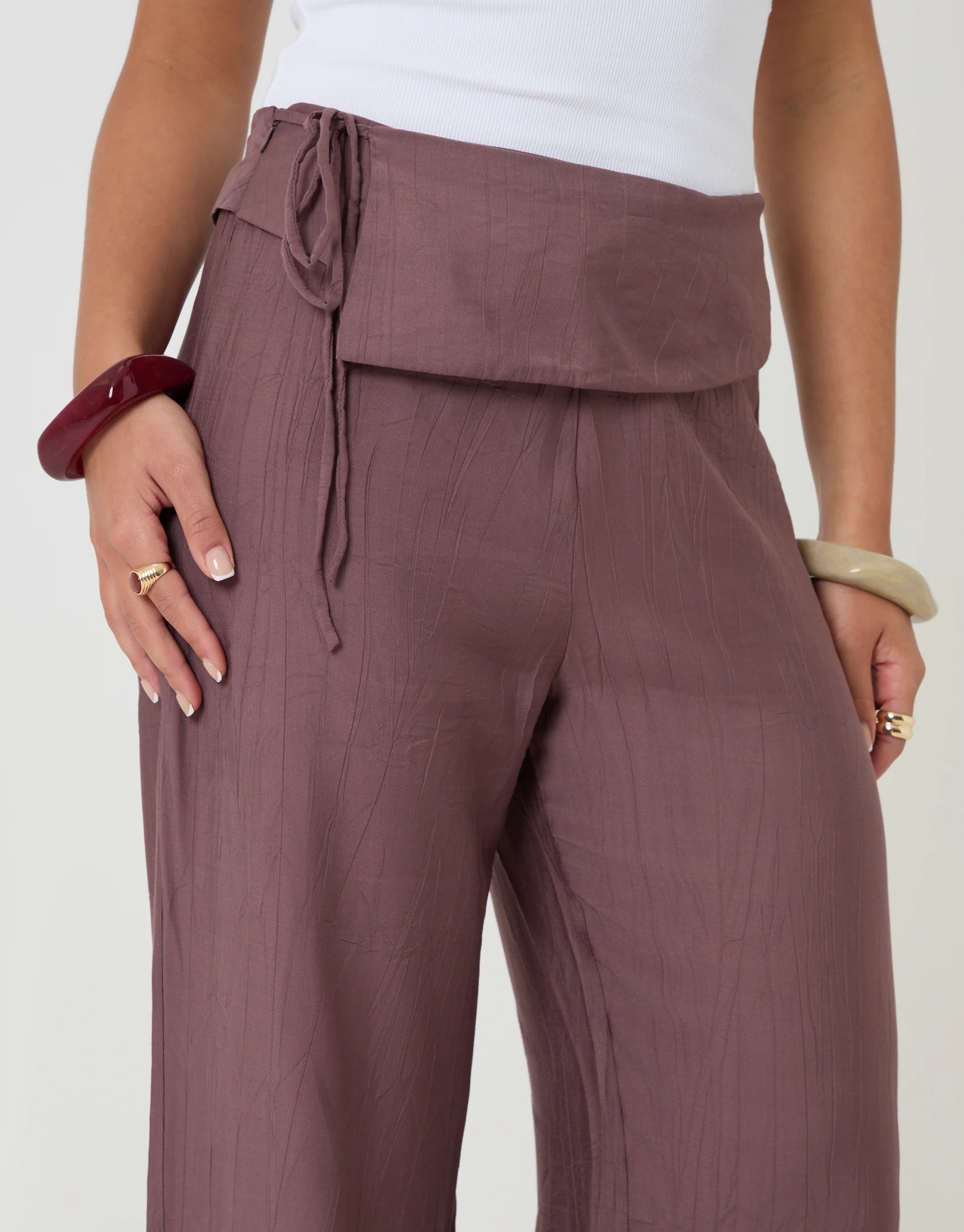 Wide Leg Wrap Front Textured Trousers in Brown - Image 4