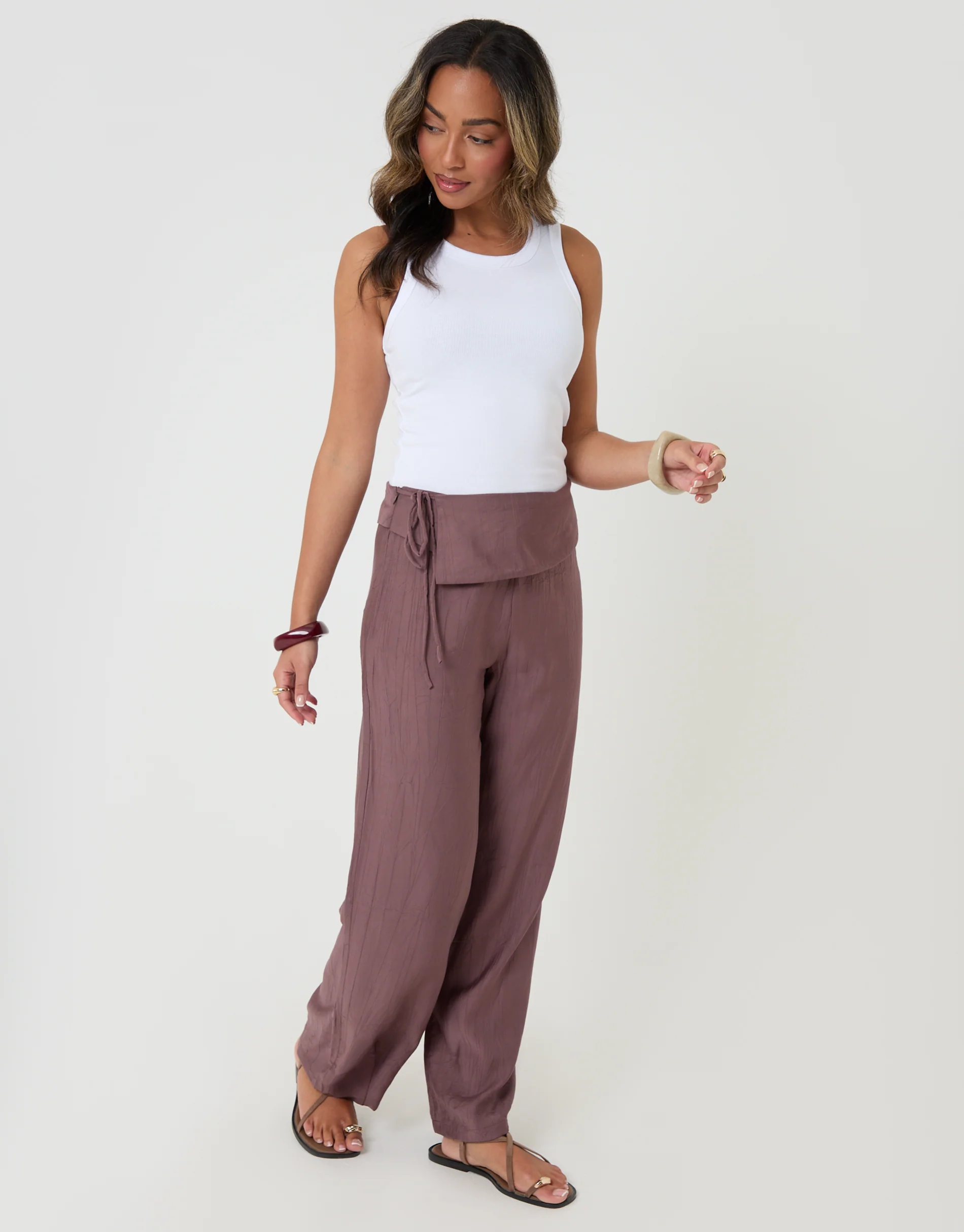 Wide Leg Wrap Front Textured Trousers in Brown - Image 5
