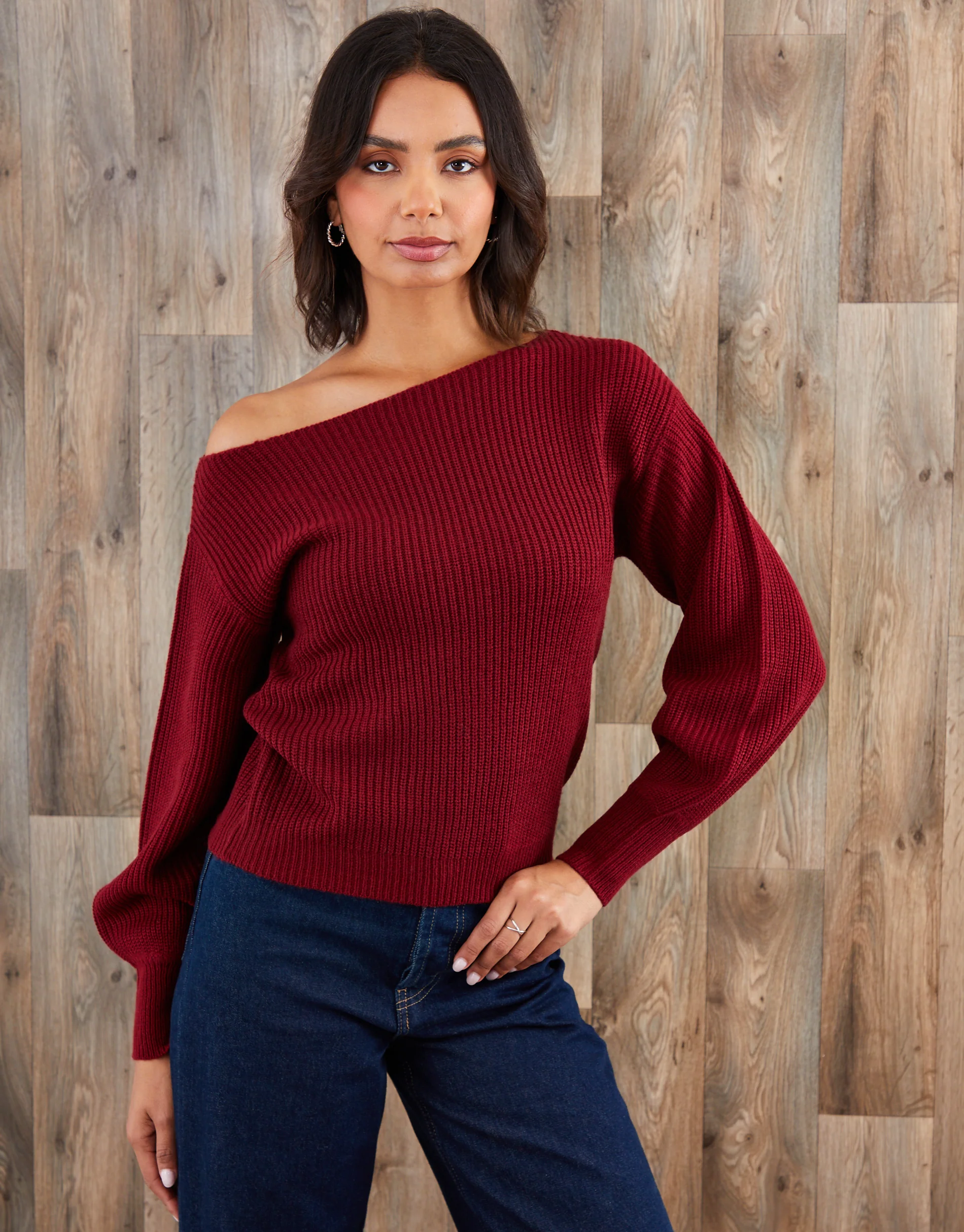 Chunky Knit Slash Neck Jumper in Burgundy