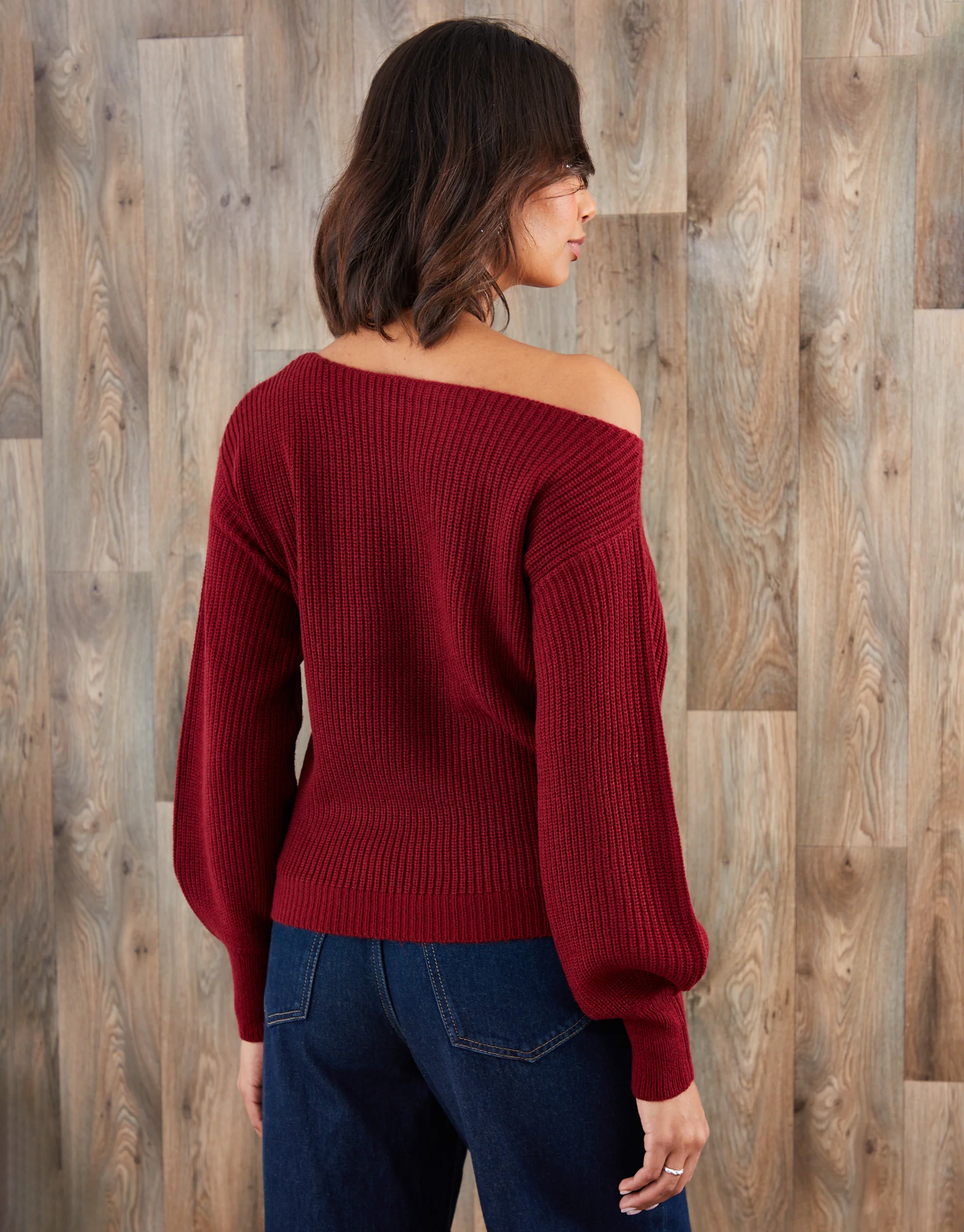 Chunky Knit Slash Neck Jumper in Burgundy - Image 2