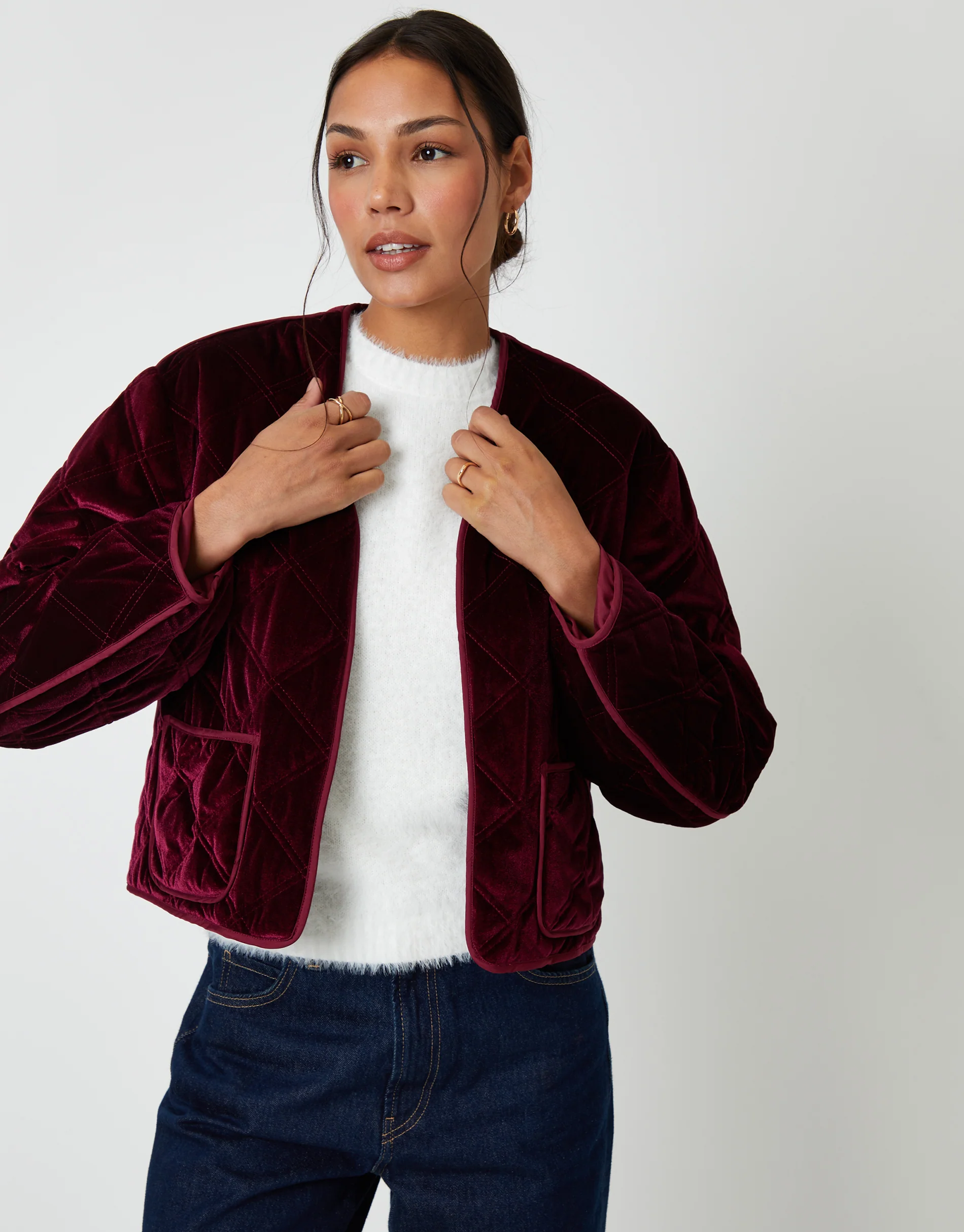 Diamond Quilted Velvet Jacket in Berry Red