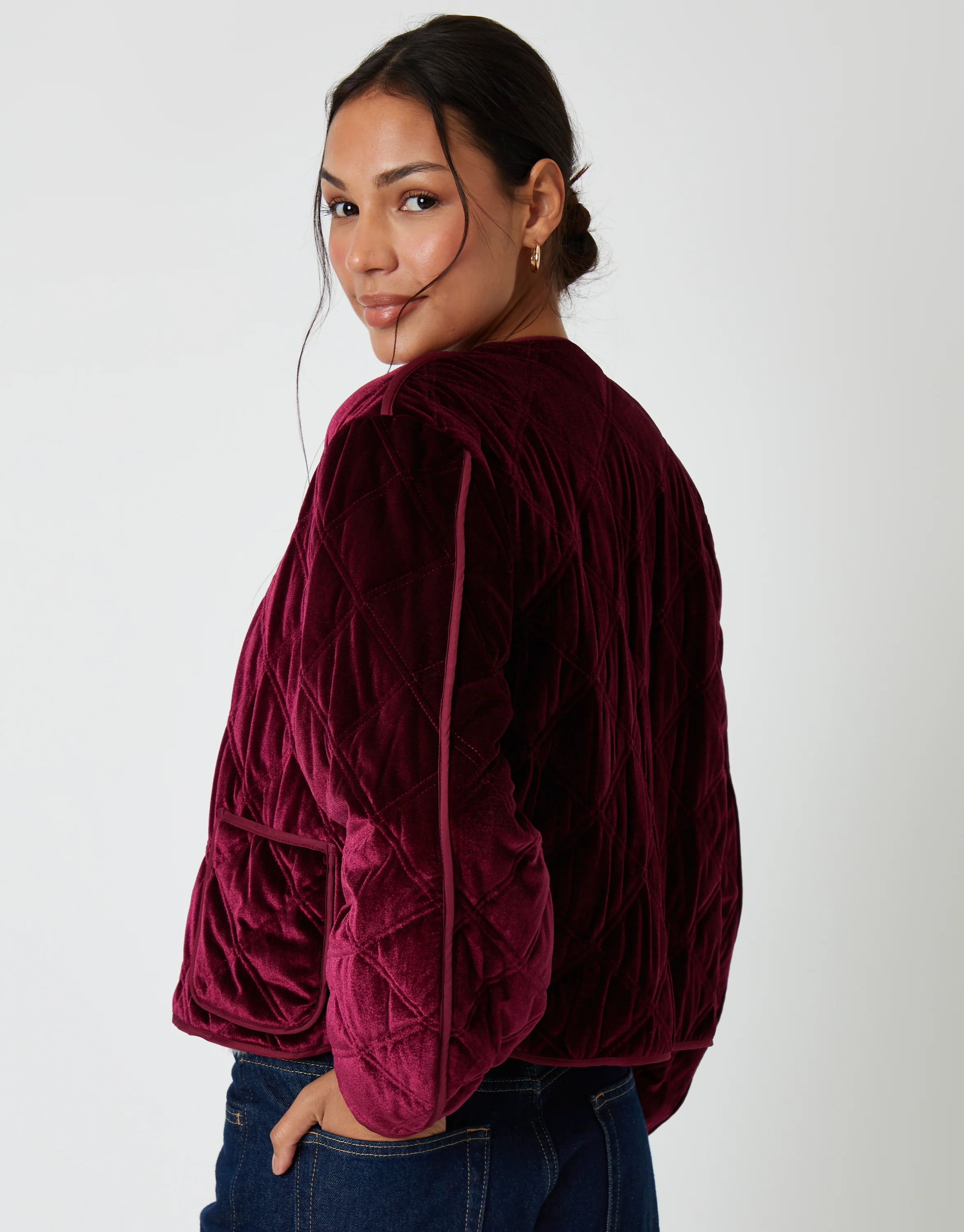 Diamond Quilted Velvet Jacket in Berry Red - Image 2