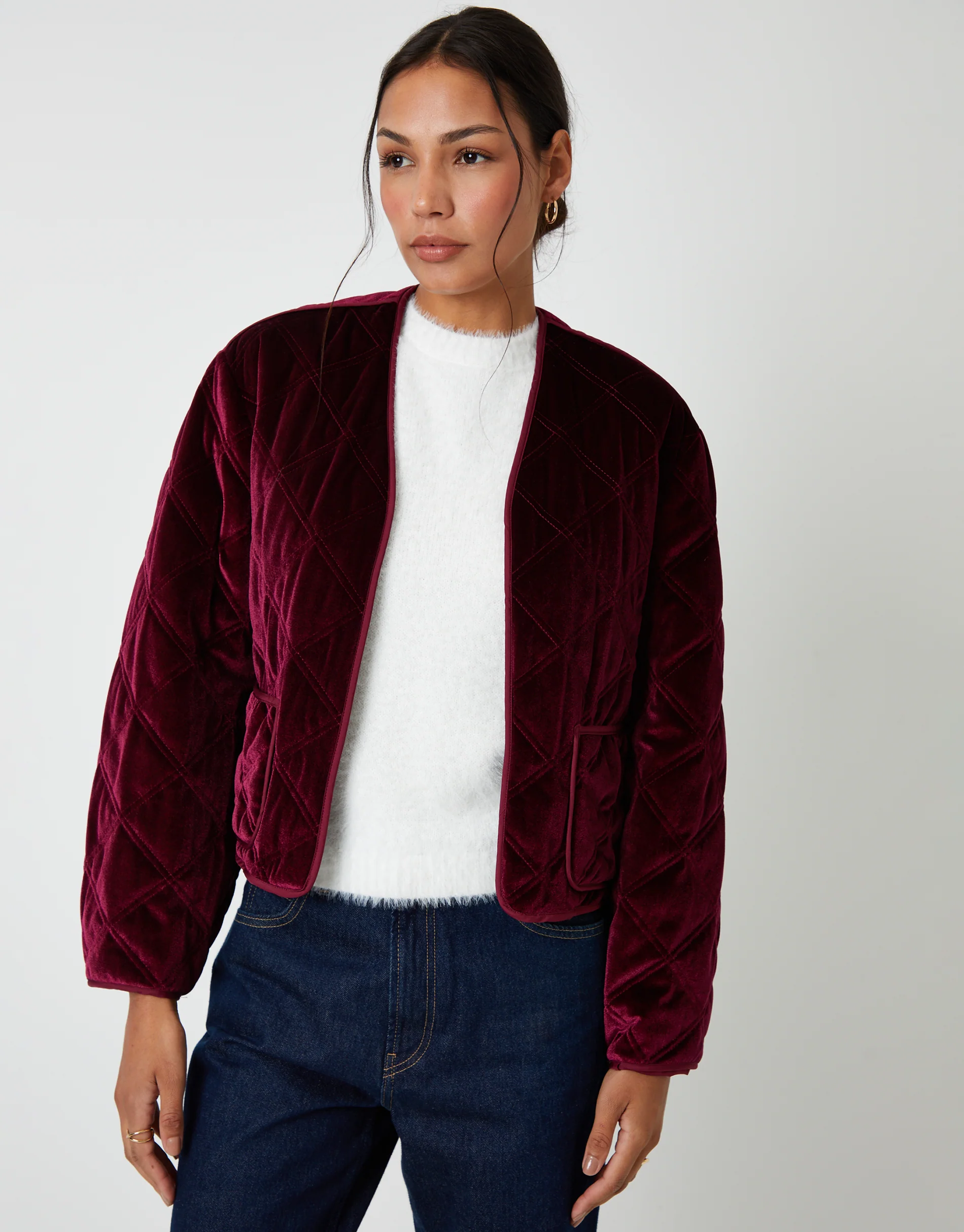 Diamond Quilted Velvet Jacket in Berry Red - Image 3