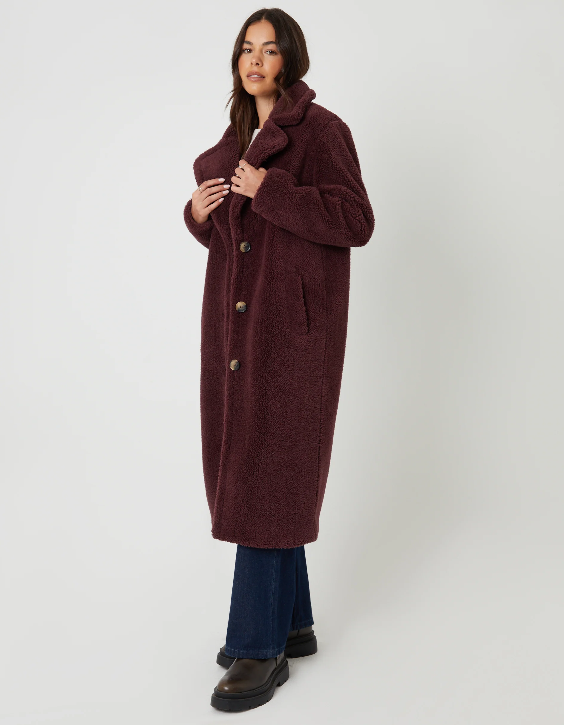 Longline Borg Teddy Coat in Berry Red - Image 3