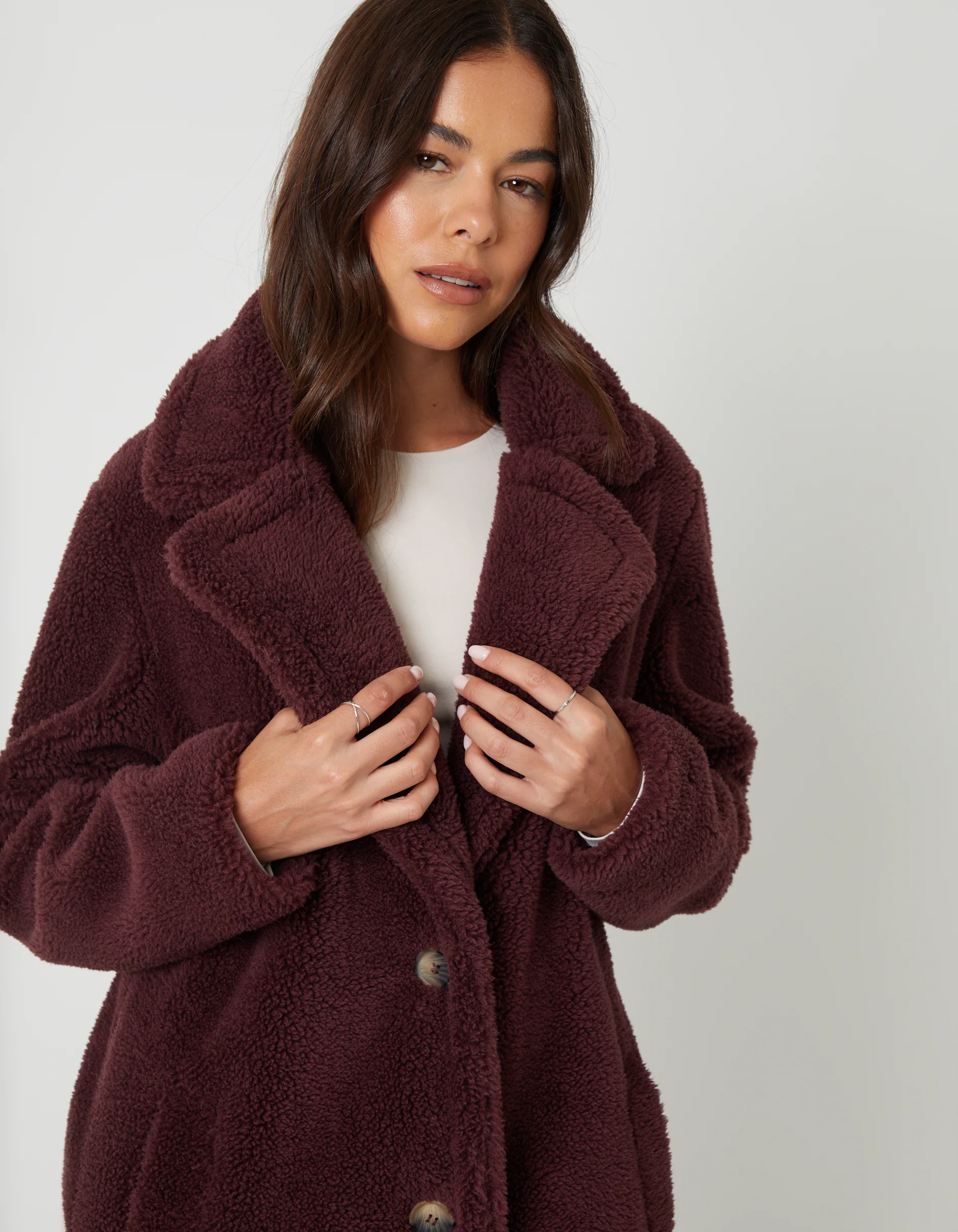 Longline Borg Teddy Coat in Berry Red - Image 4