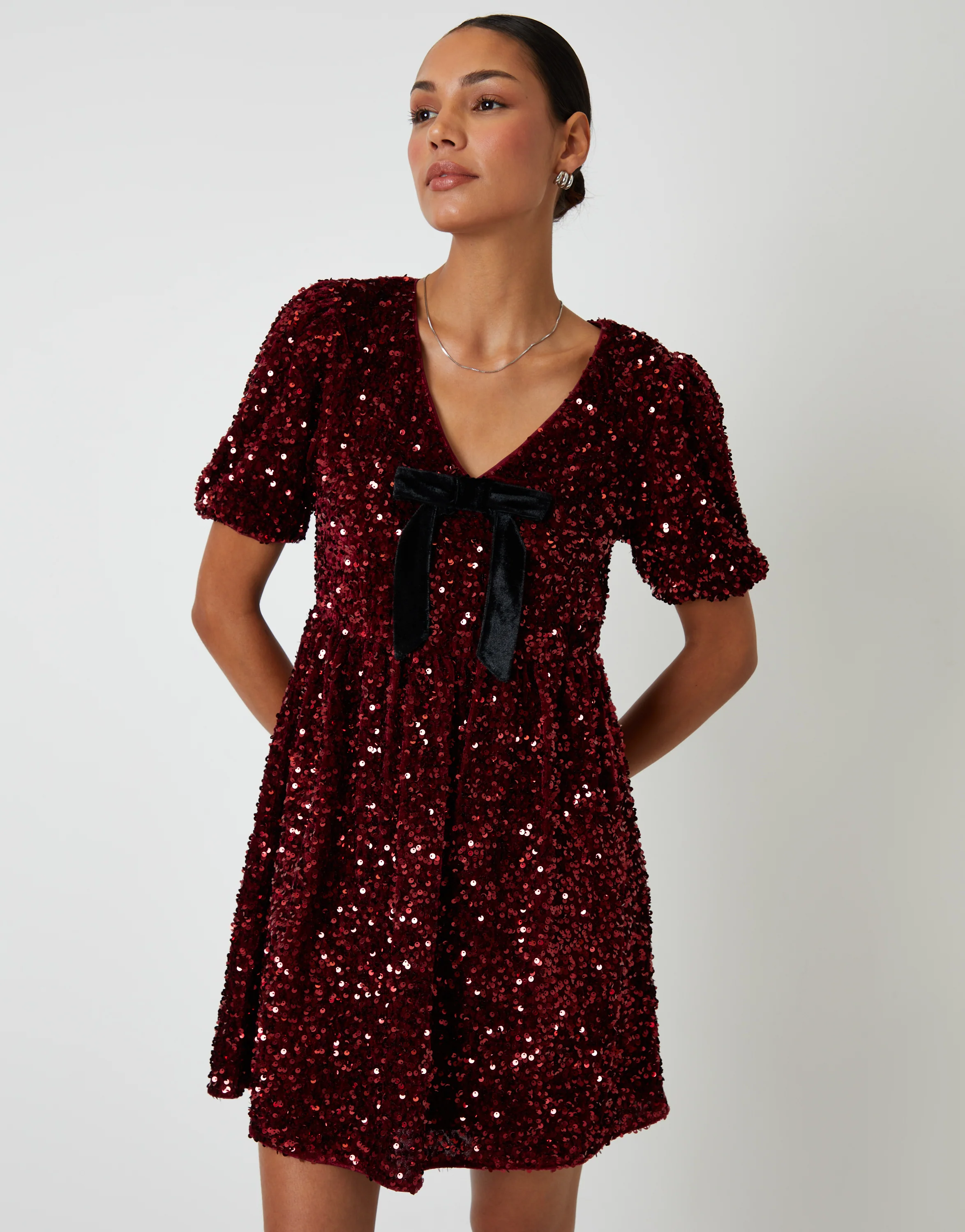 Sequin Velour Bow Detail Mini Dress in Berry Red - Image 2