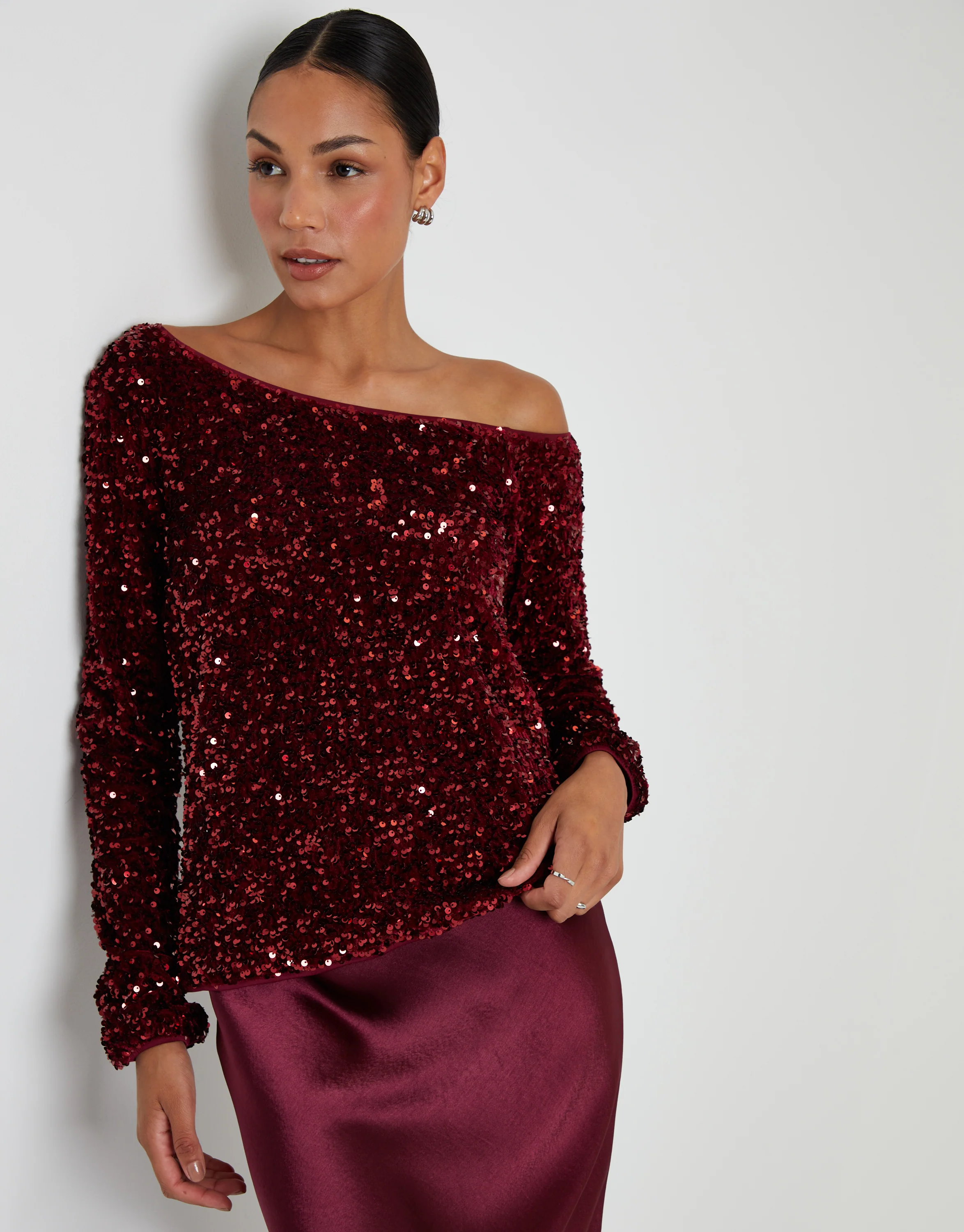 Sequin Velour Long Sleeve Slash Neck Top in Berry Red - Image 2