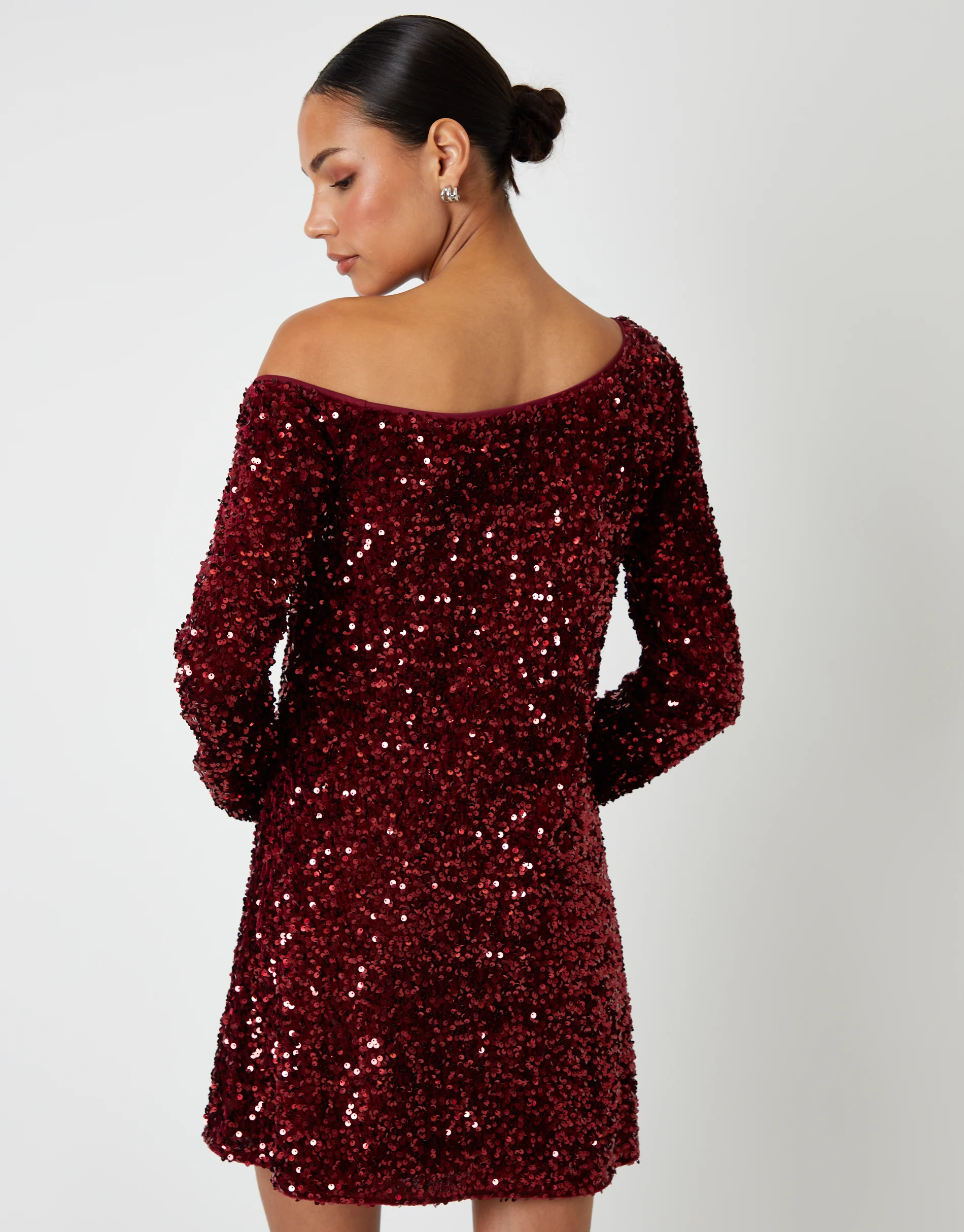 Sequin Velour Slash Neck Mini Dress in Berry Red - Image 3