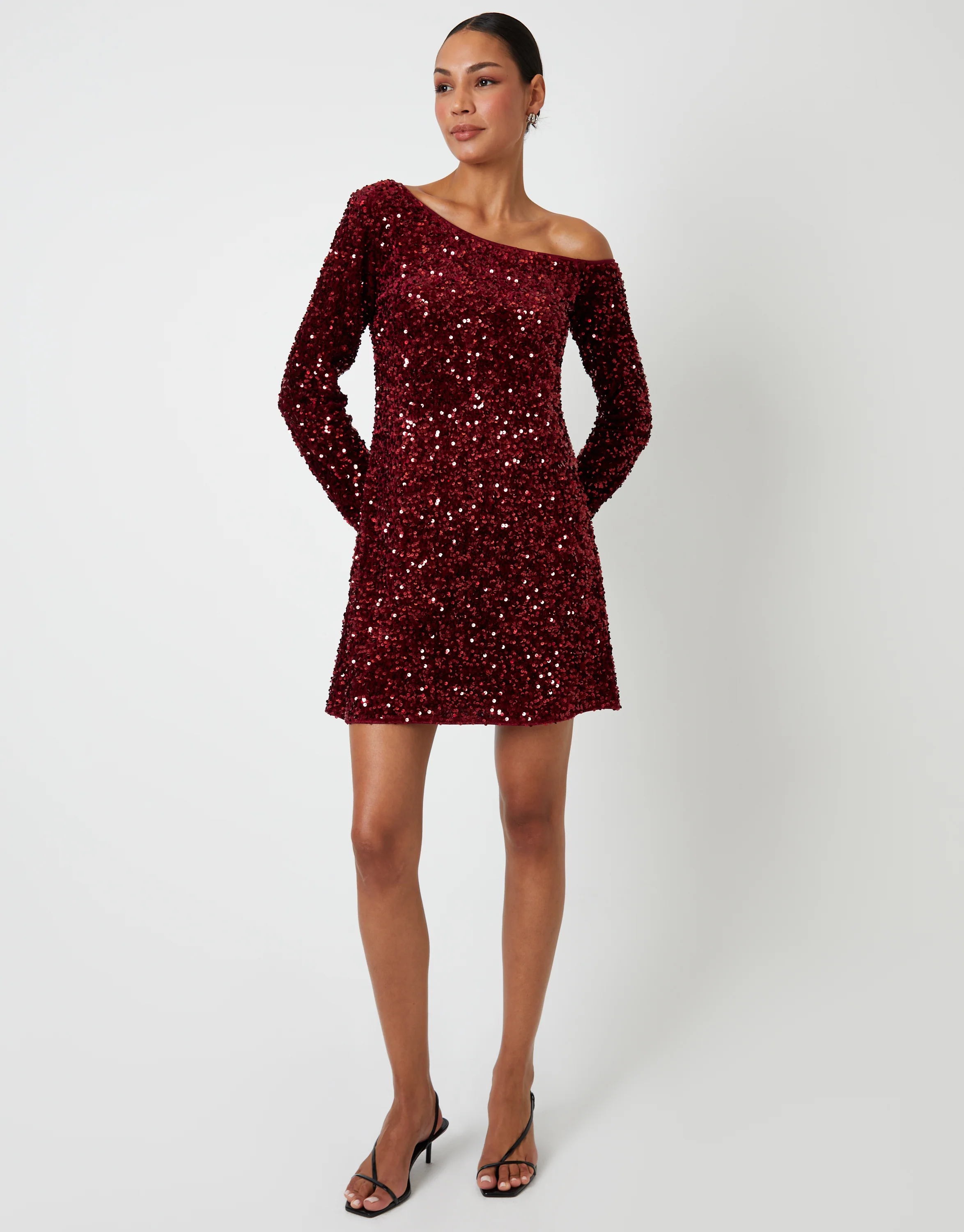Sequin Velour Slash Neck Mini Dress in Berry Red - Image 4