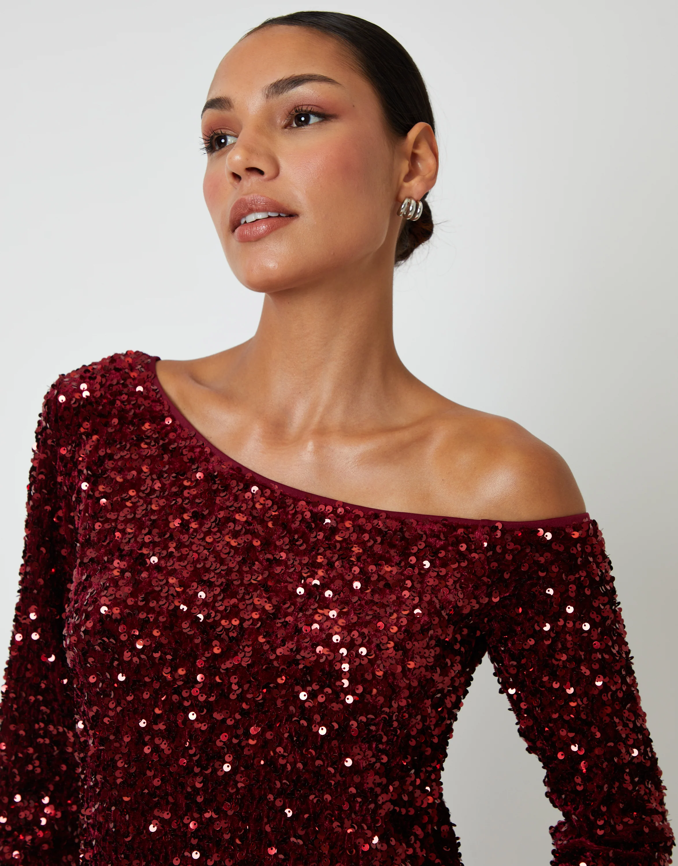 Sequin Velour Slash Neck Mini Dress in Berry Red - Image 5