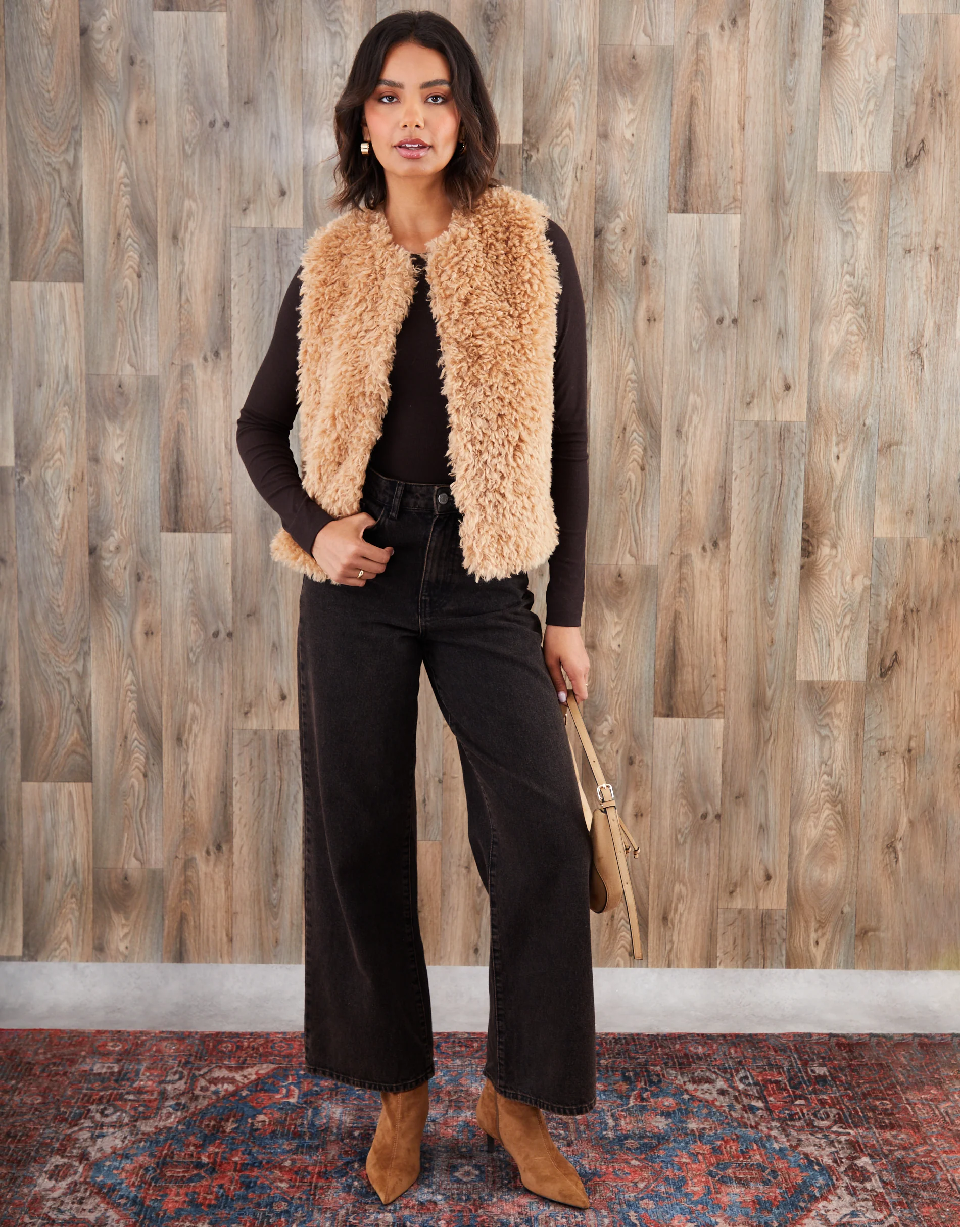 Faux Fur Gilet in Camel Brown - Image 3