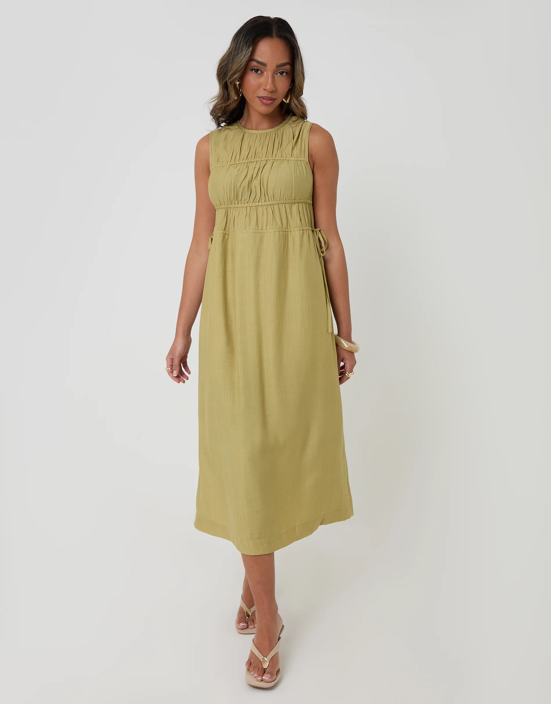 Ruched Drawstring Midi Dress in Chartreuse