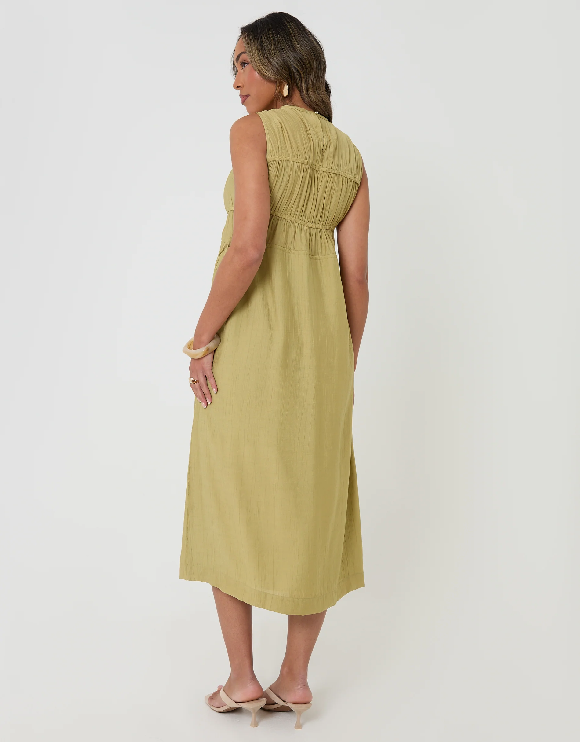 Ruched Drawstring Midi Dress in Chartreuse - Image 2