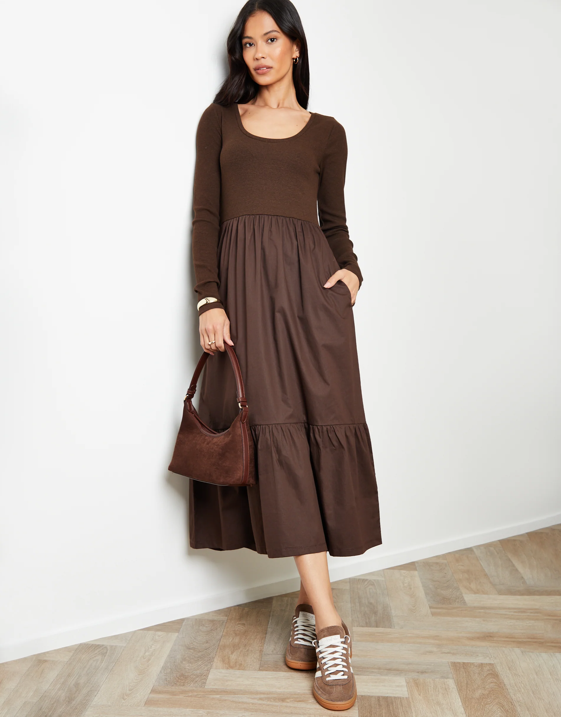 2-in-1 Jersey Poplin Mix Scoop Neck Long Sleeve Dress in Chocolate Brown