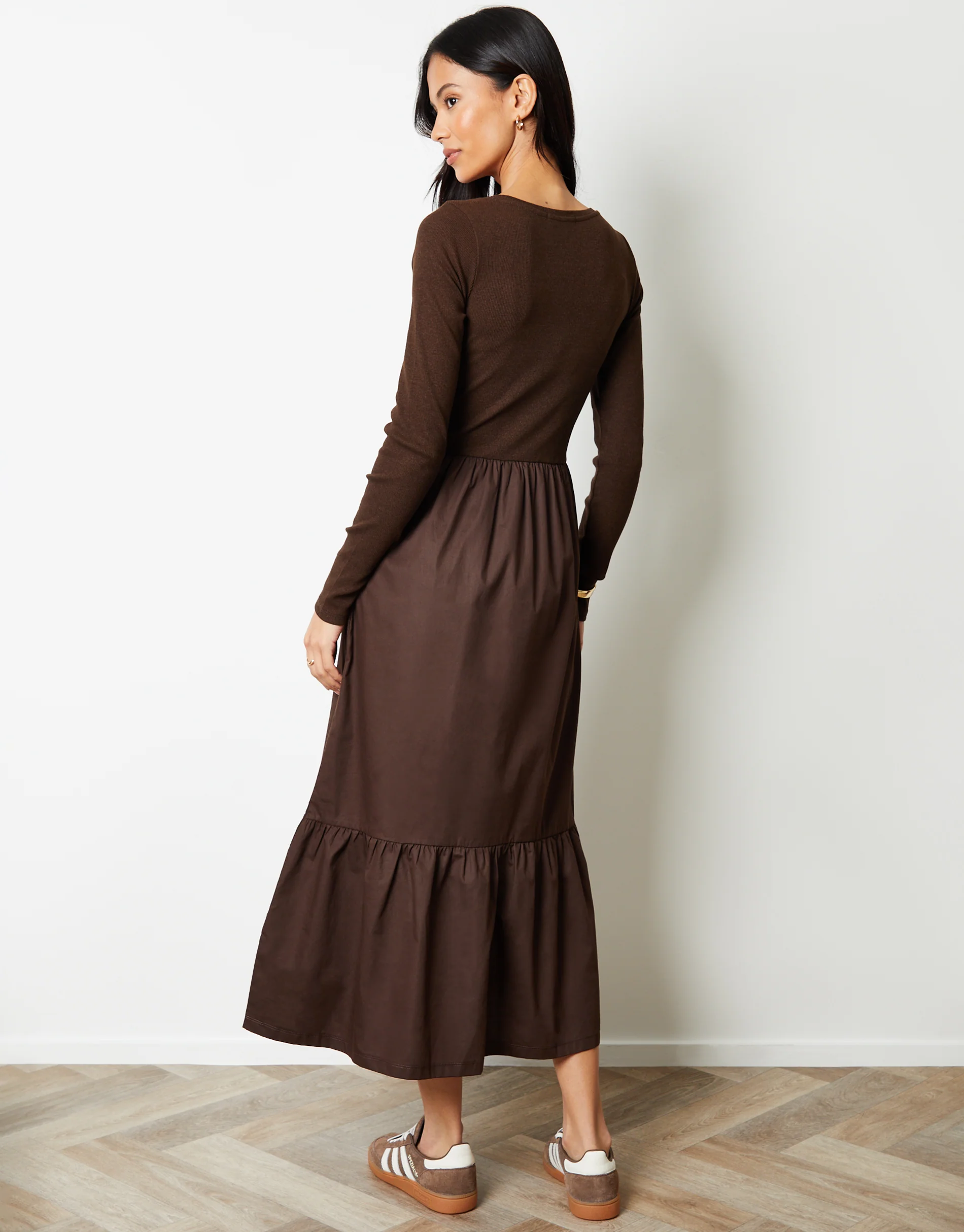 2-in-1 Jersey Poplin Mix Scoop Neck Long Sleeve Dress in Chocolate Brown - Image 2