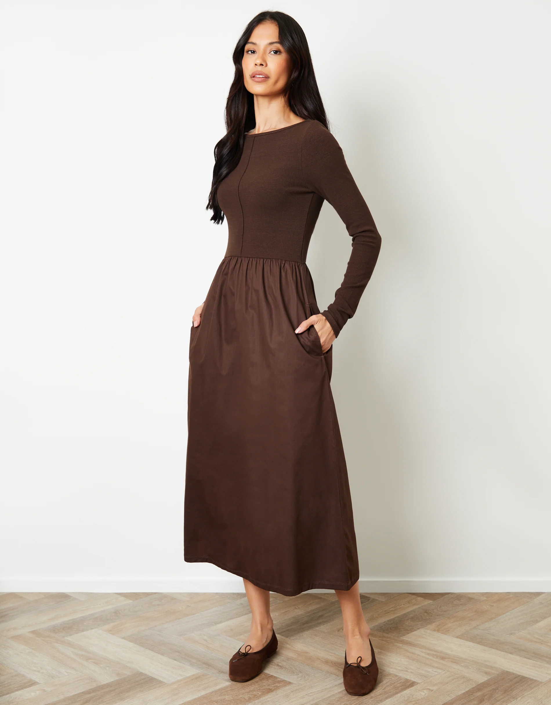 2-in-1 Jersey Poplin Mix Slash Neck Long Sleeve Dress in Chocolate Brown - Image 3