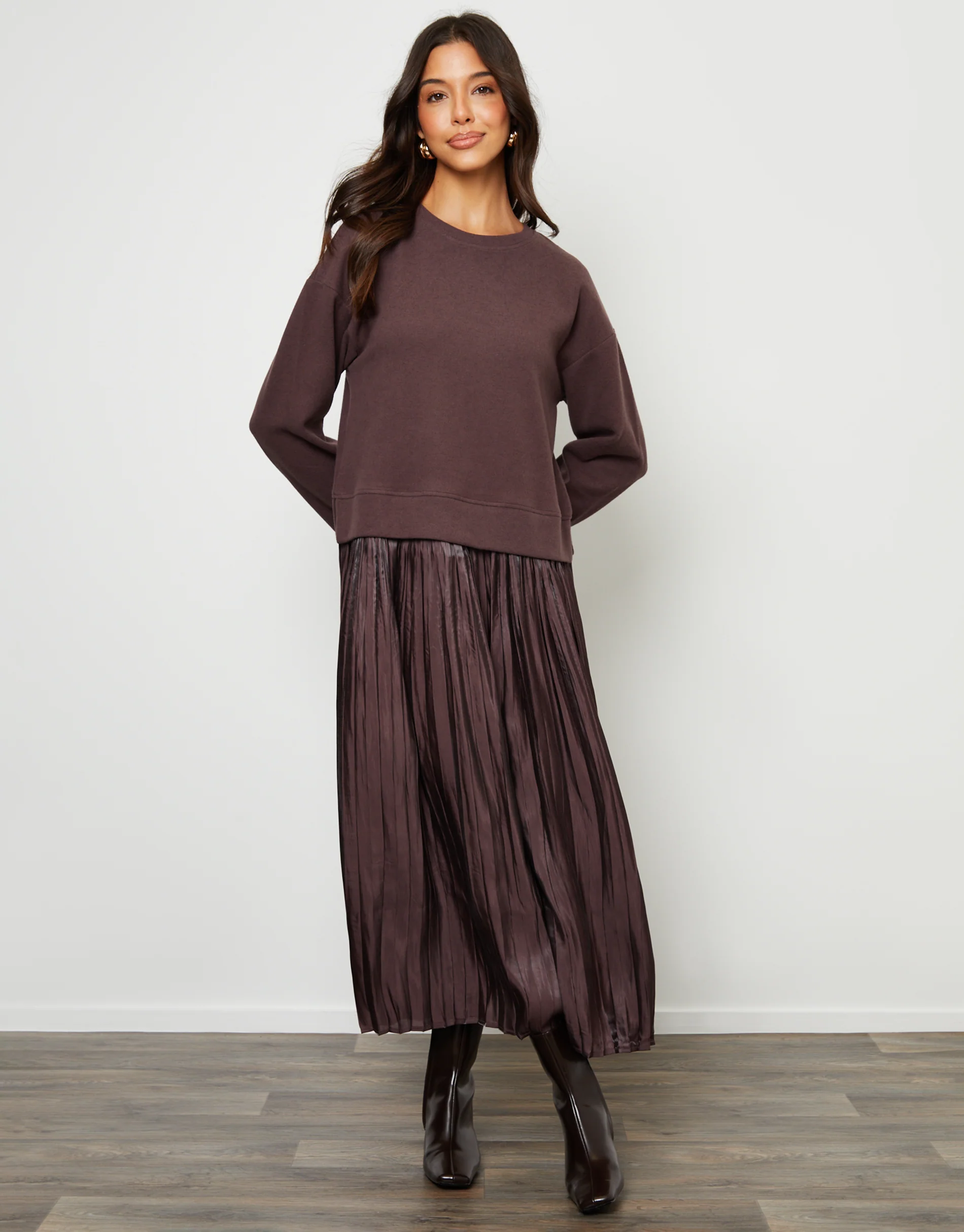 2-in-1 Relaxed Ribbed Sweatshirt Midi Dress in Chocolate Brown - Image 2