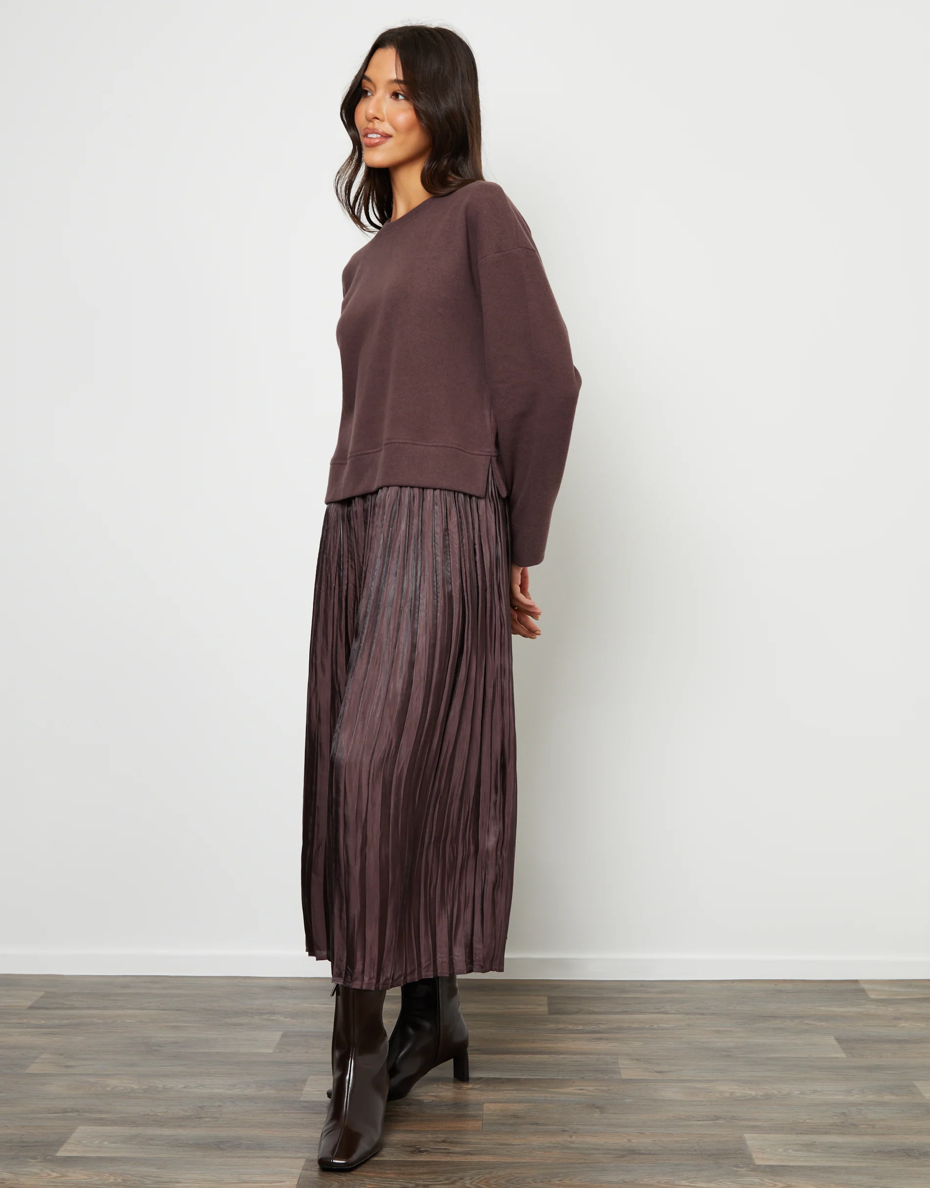 2-in-1 Relaxed Ribbed Sweatshirt Midi Dress in Chocolate Brown - Image 4
