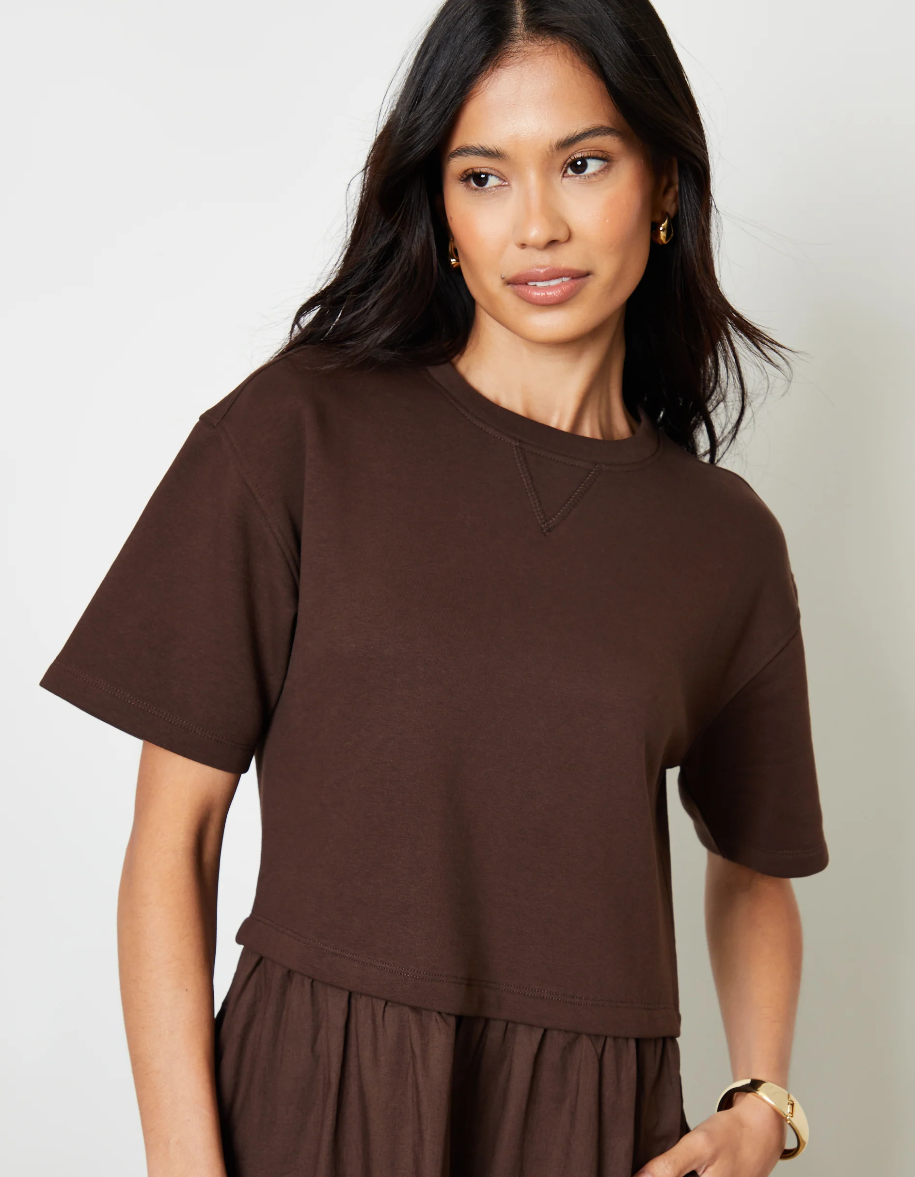 2-in-1 Sweat Dress with Poplin Skirt in Chocolate Brown - Image 2