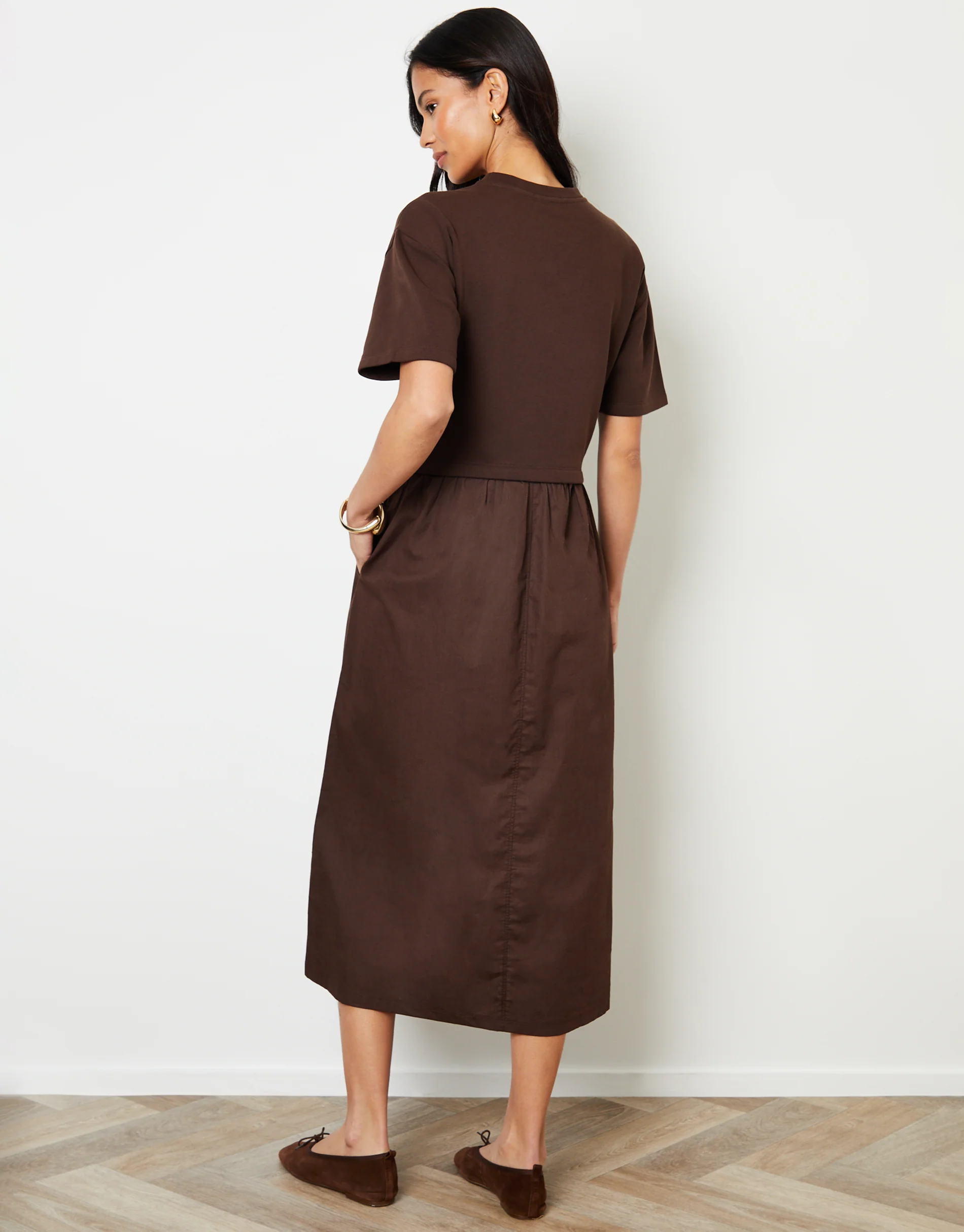 2-in-1 Sweat Dress with Poplin Skirt in Chocolate Brown - Image 4