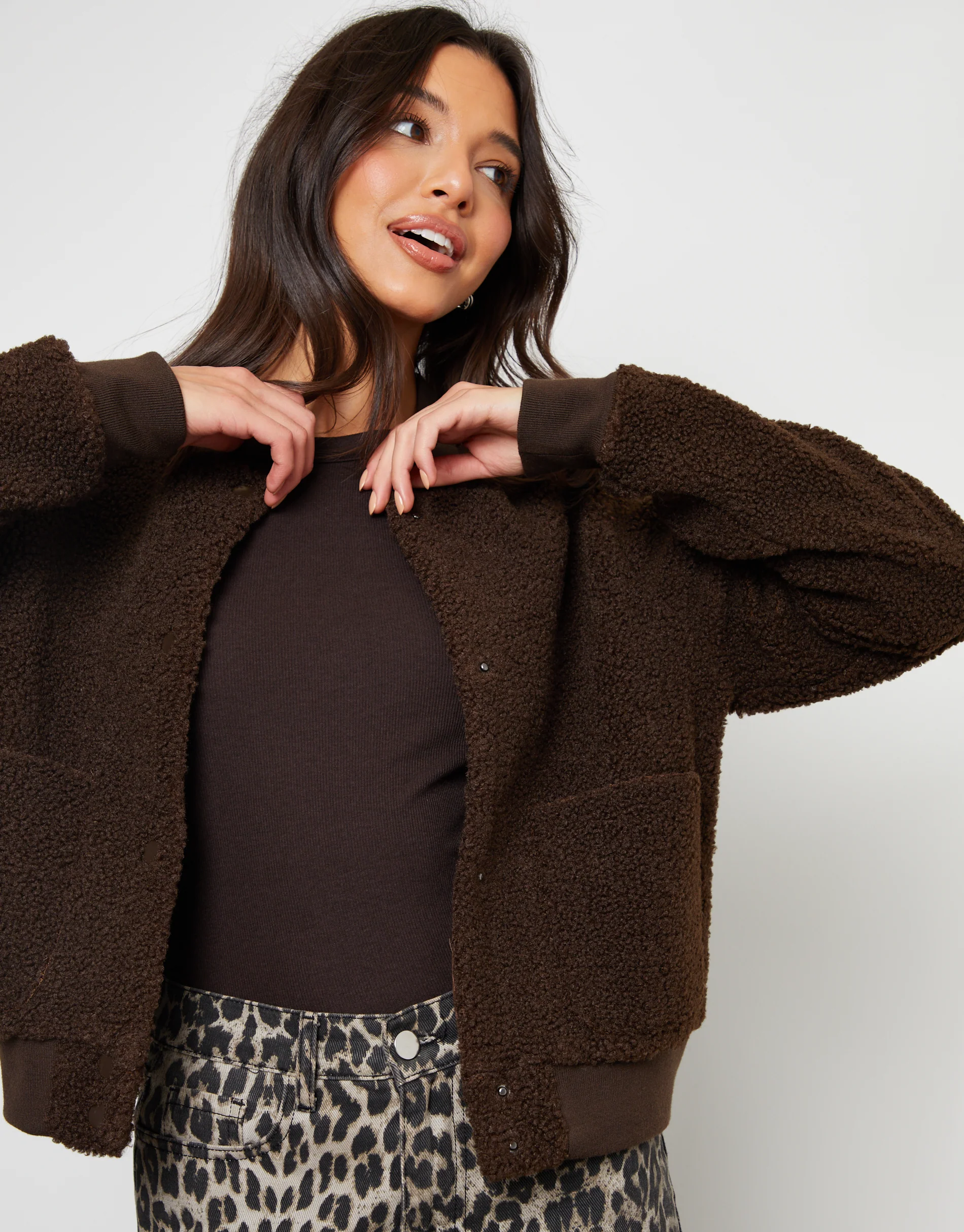 Borg Bomber Jacket in Chocolate Brown