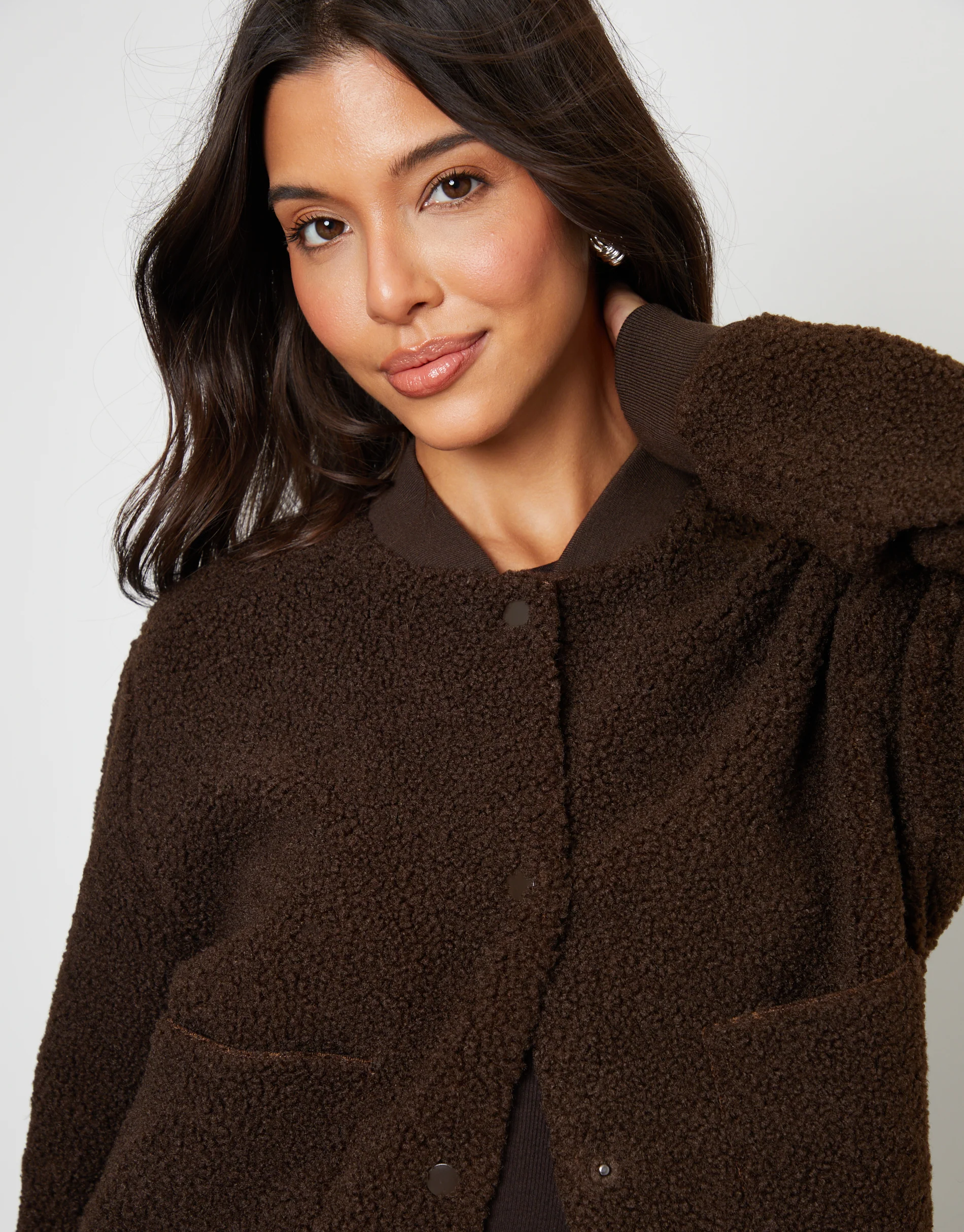 Borg Bomber Jacket in Chocolate Brown - Image 2