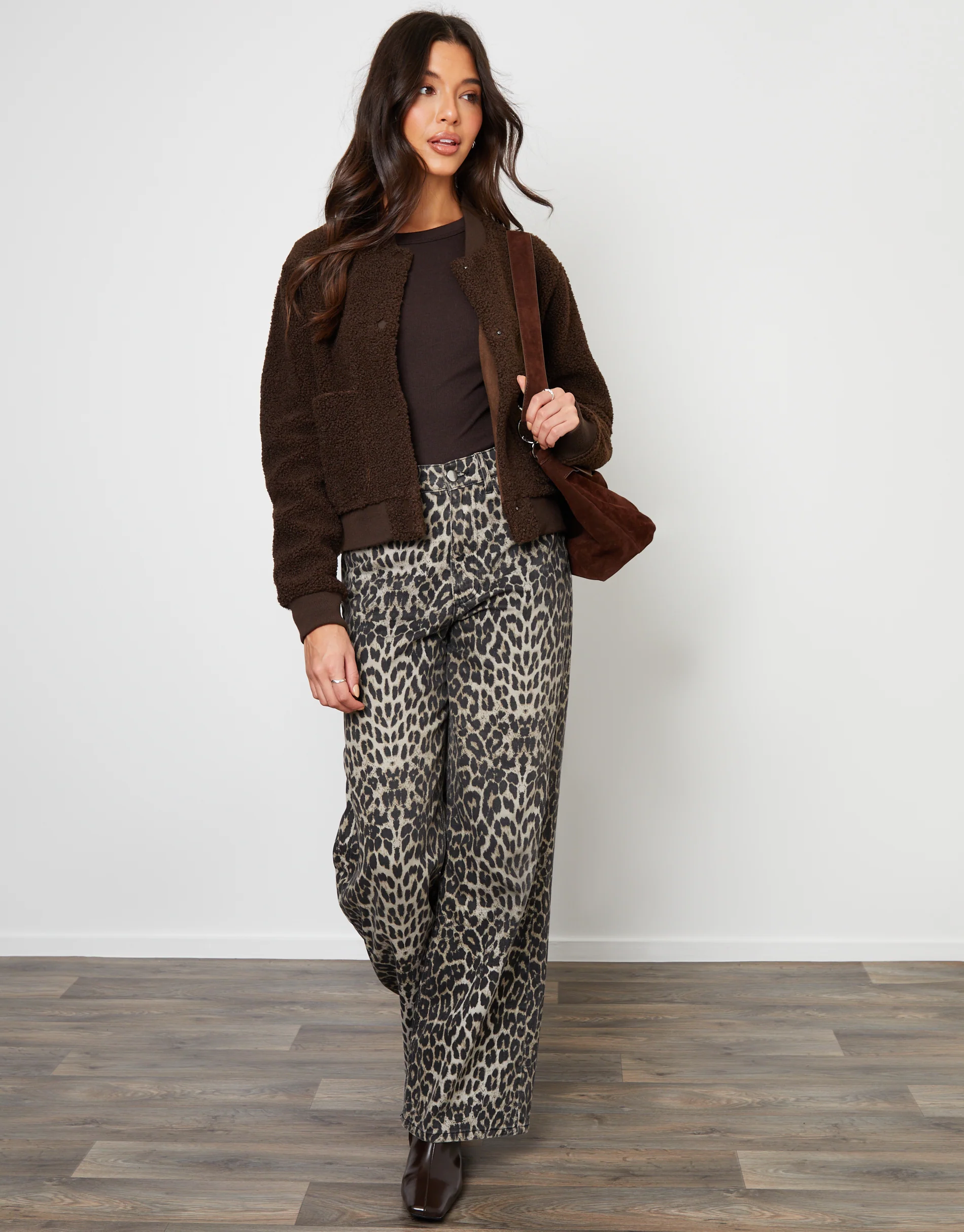 Borg Bomber Jacket in Chocolate Brown - Image 3
