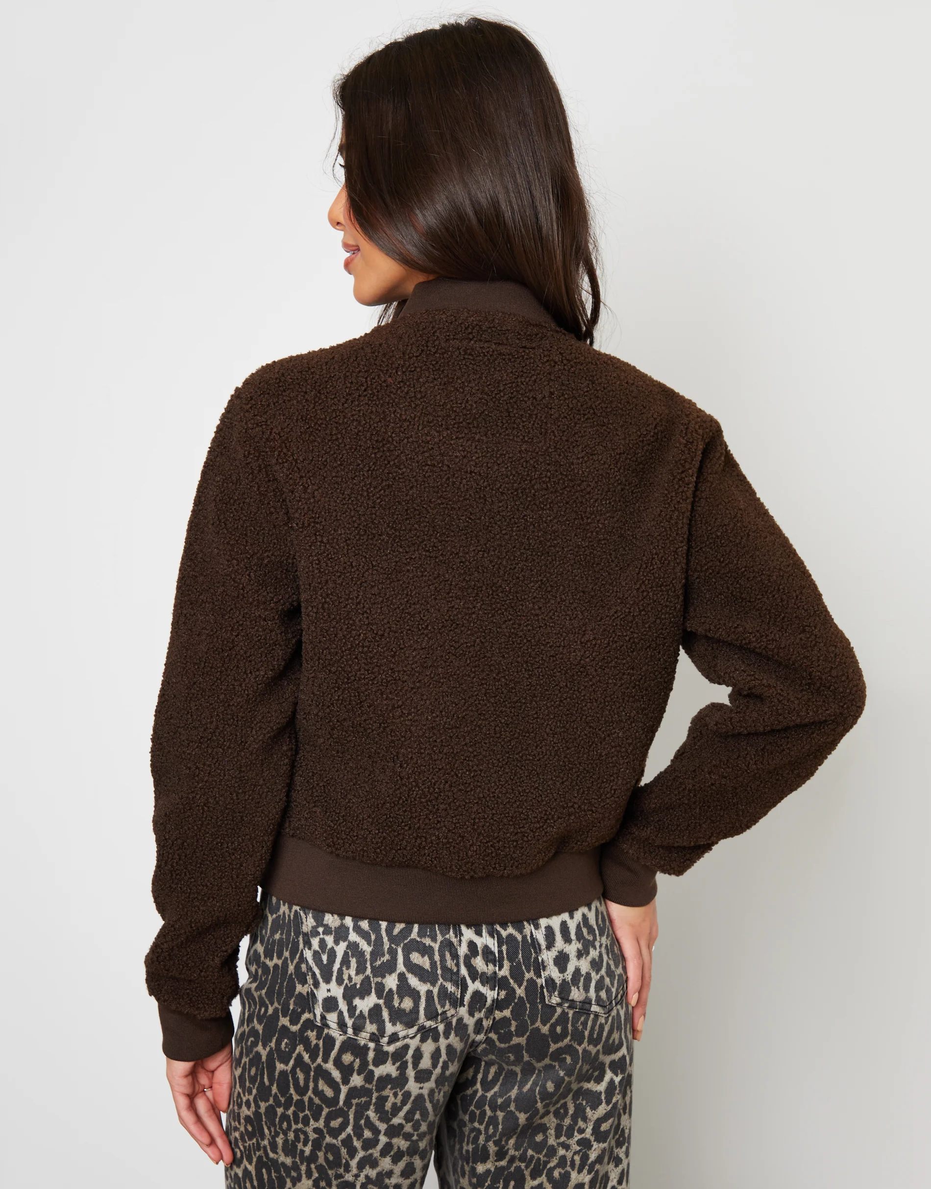 Borg Bomber Jacket in Chocolate Brown - Image 4