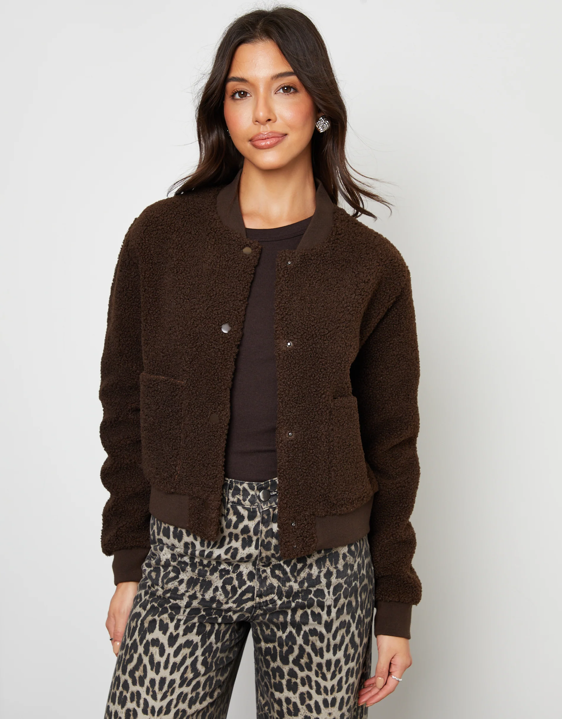 Borg Bomber Jacket in Chocolate Brown - Image 5