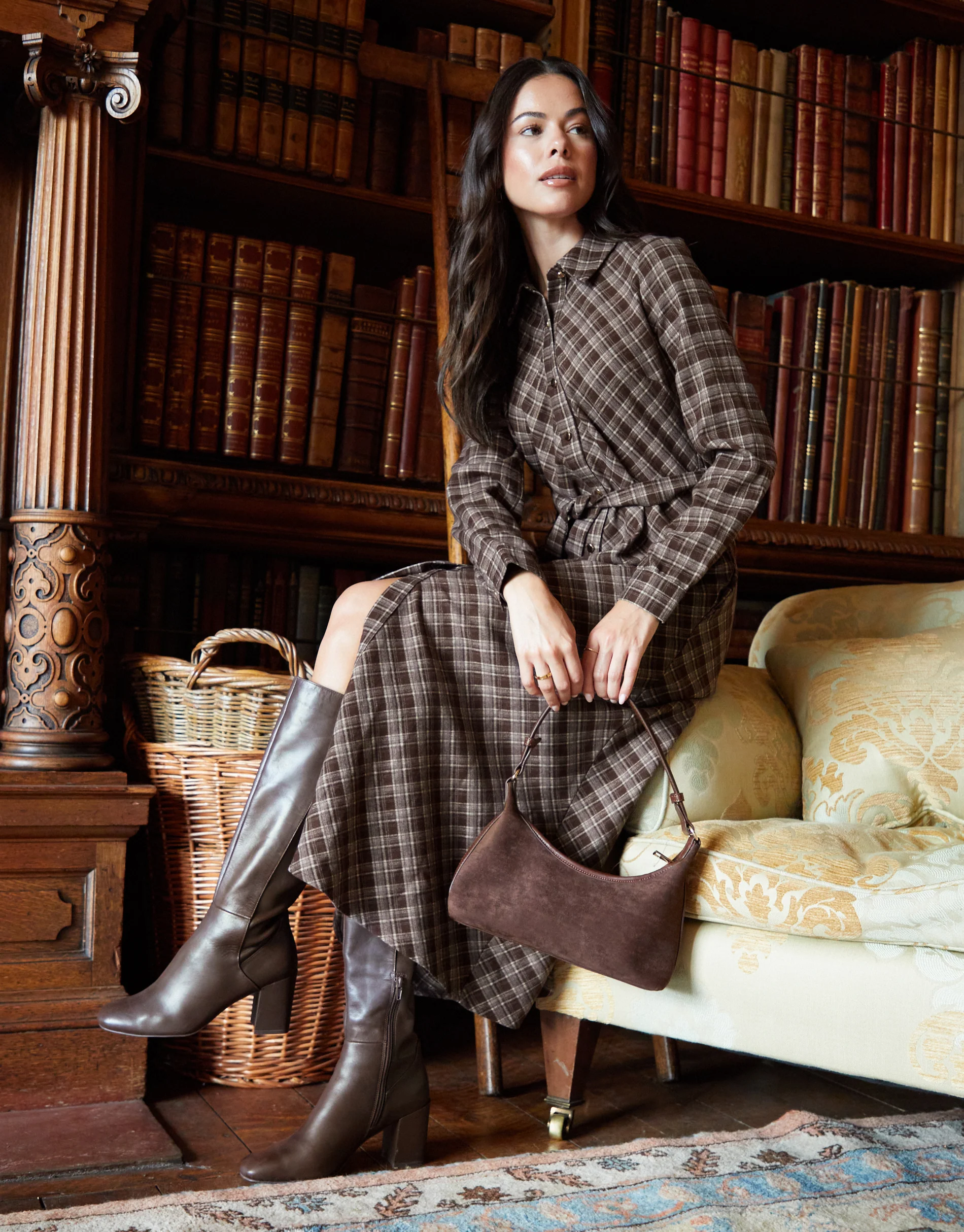 Belted Midi Shirt Dress in Chocolate Brown Check