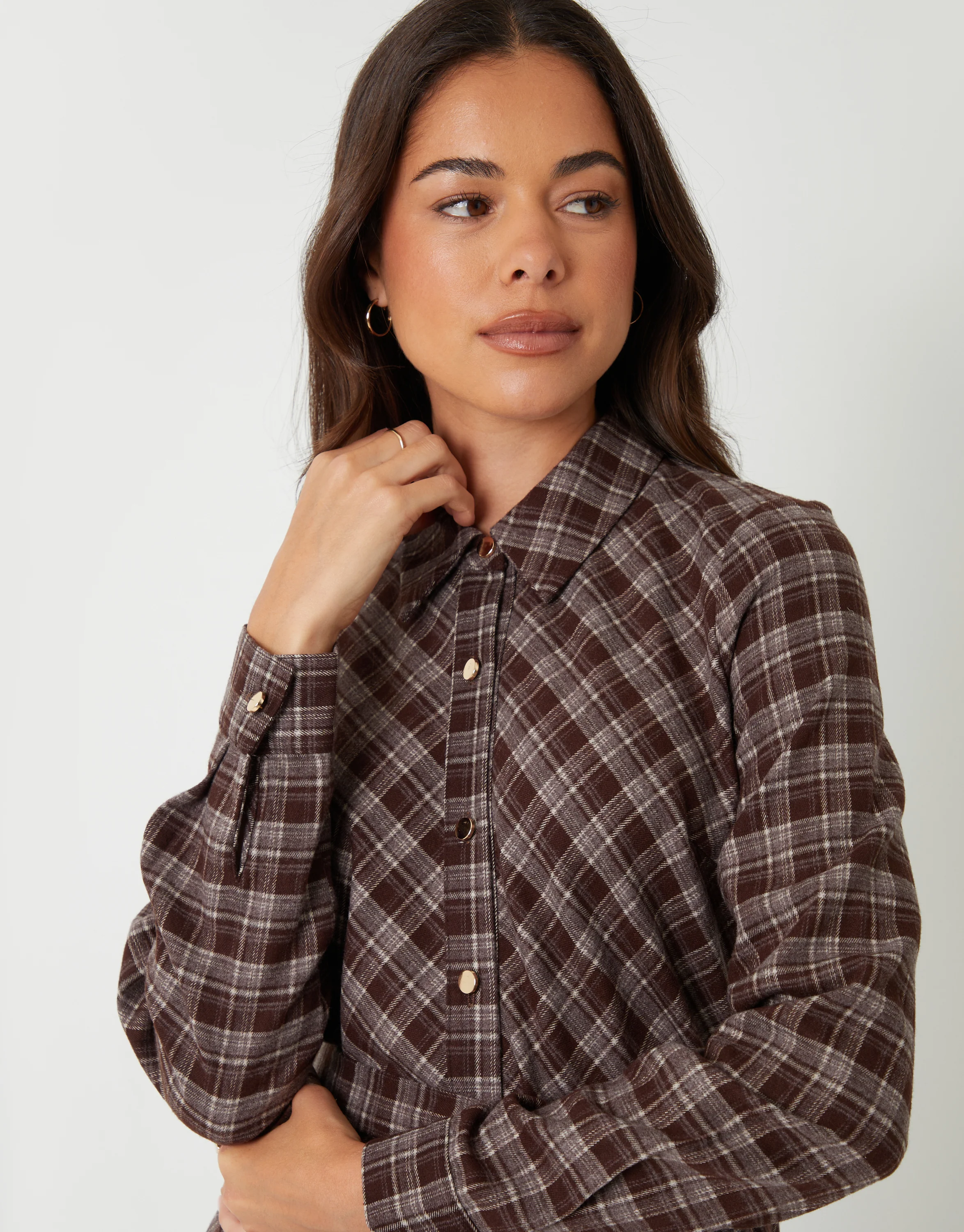 Belted Midi Shirt Dress in Chocolate Brown Check - Image 5