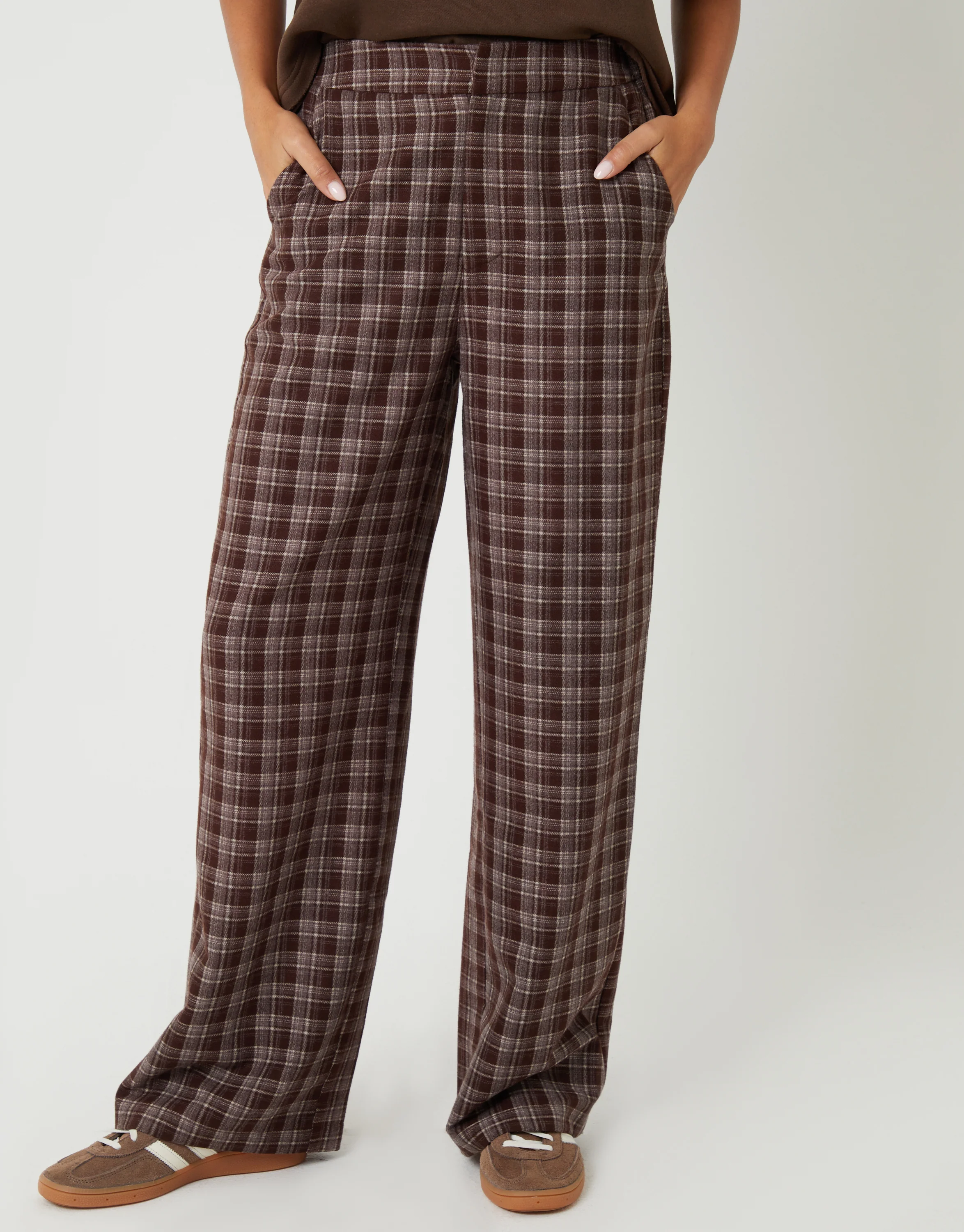 Straight Leg Trousers in Chocolate Brown Check - Image 3