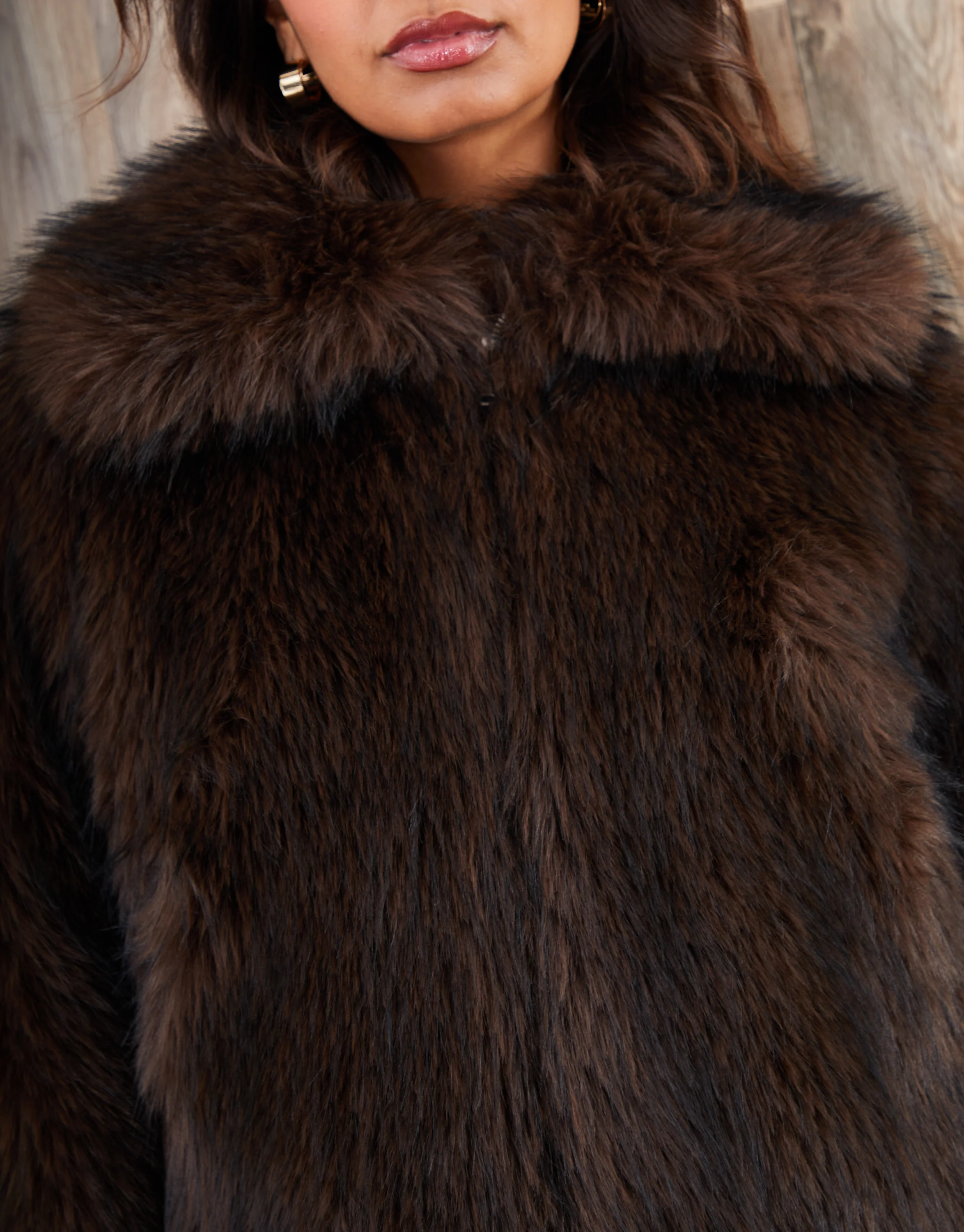 Faux Fur Zip Through Coat in Chocolate Brown - Image 4