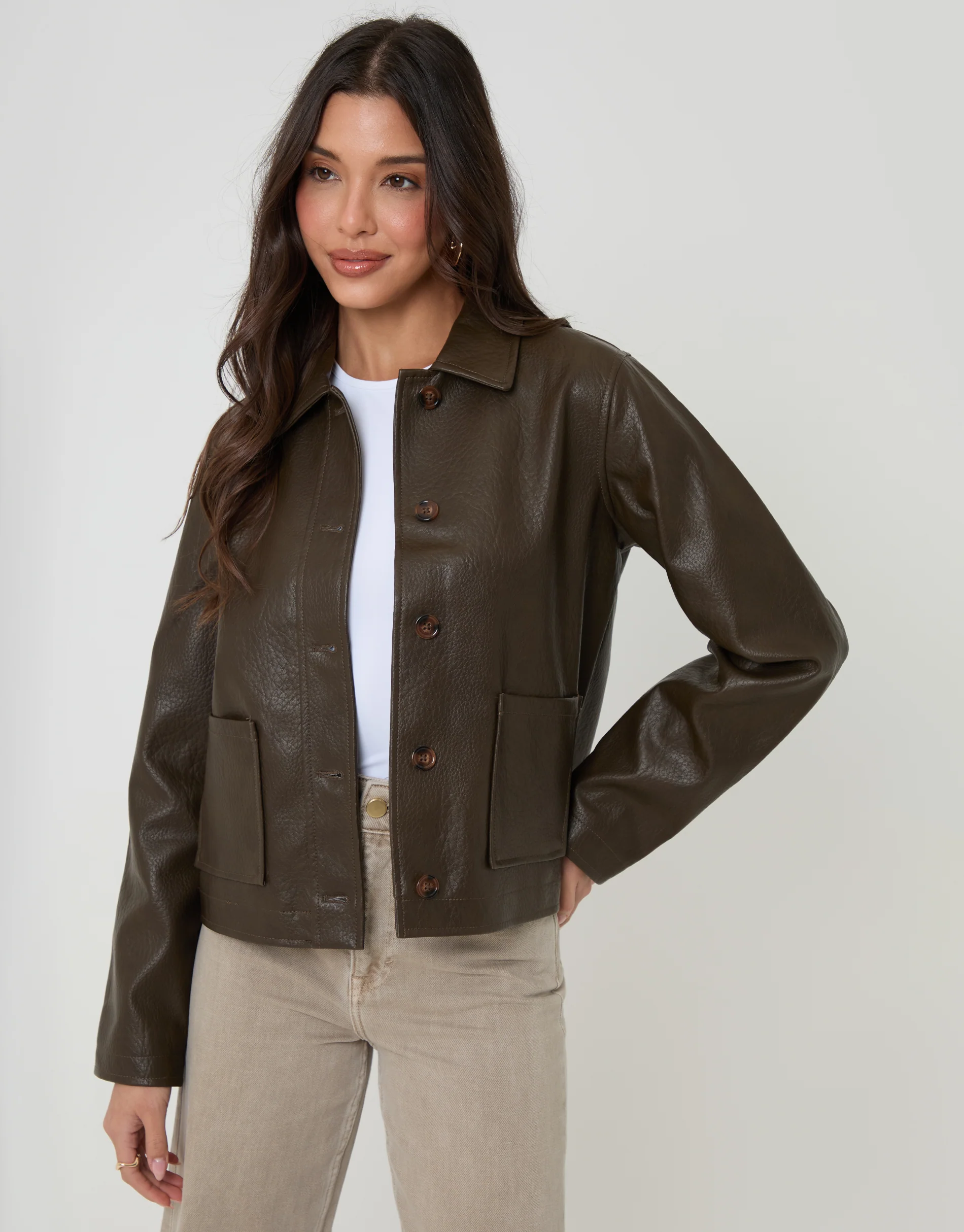 Faux Leather Cropped Button Up Jacket in Chocolate Brown - Image 6