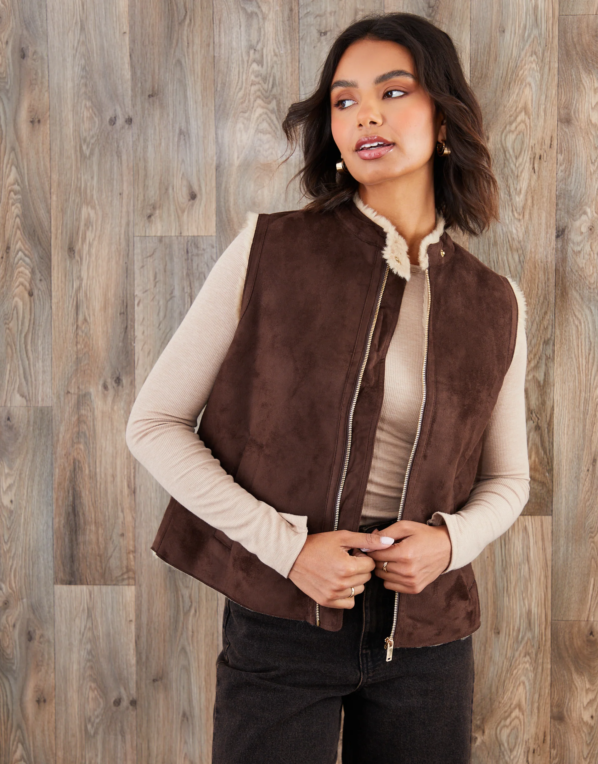 Faux Suede Borg Lined Gilet in Chocolate Brown