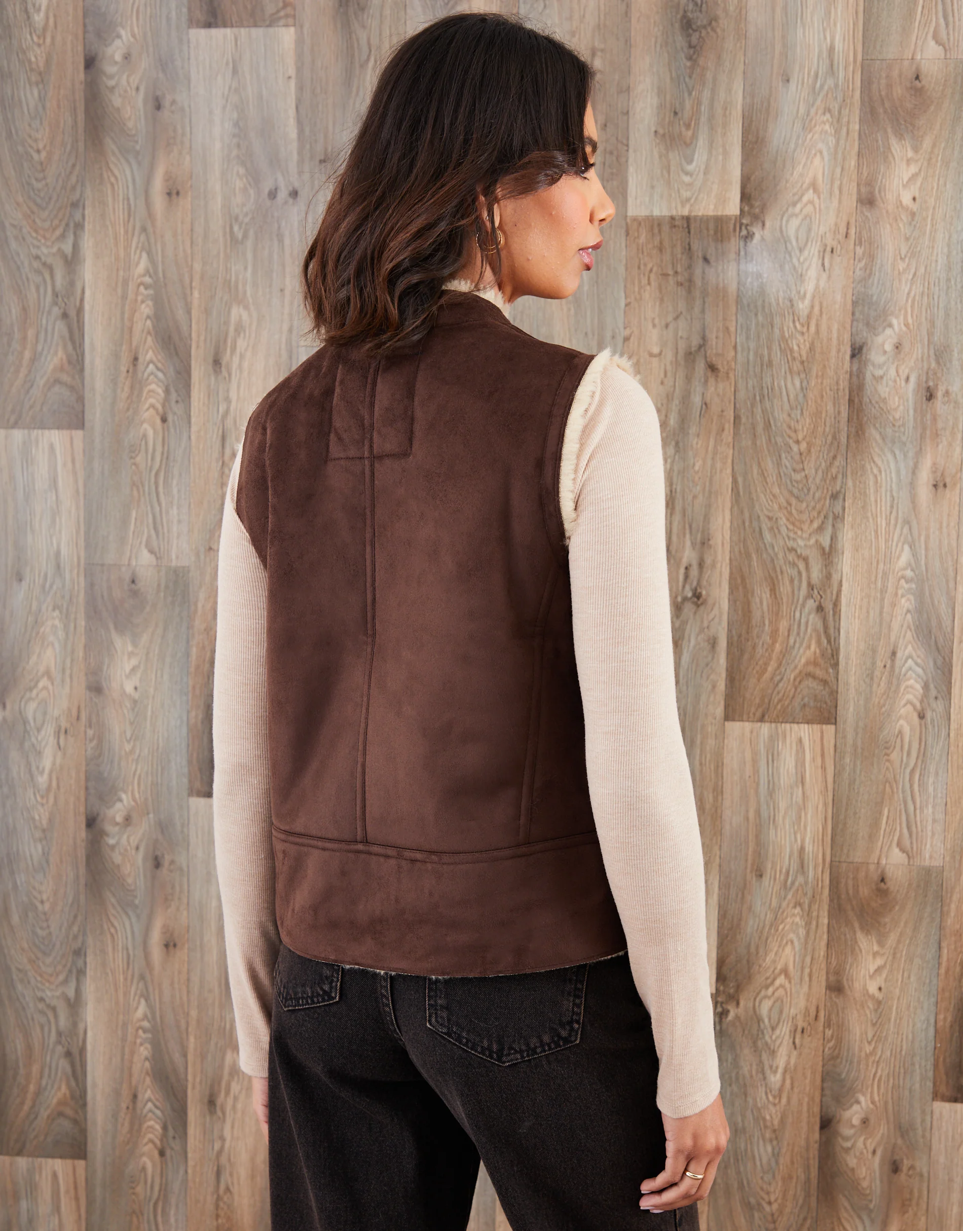 Faux Suede Borg Lined Gilet in Chocolate Brown - Image 2