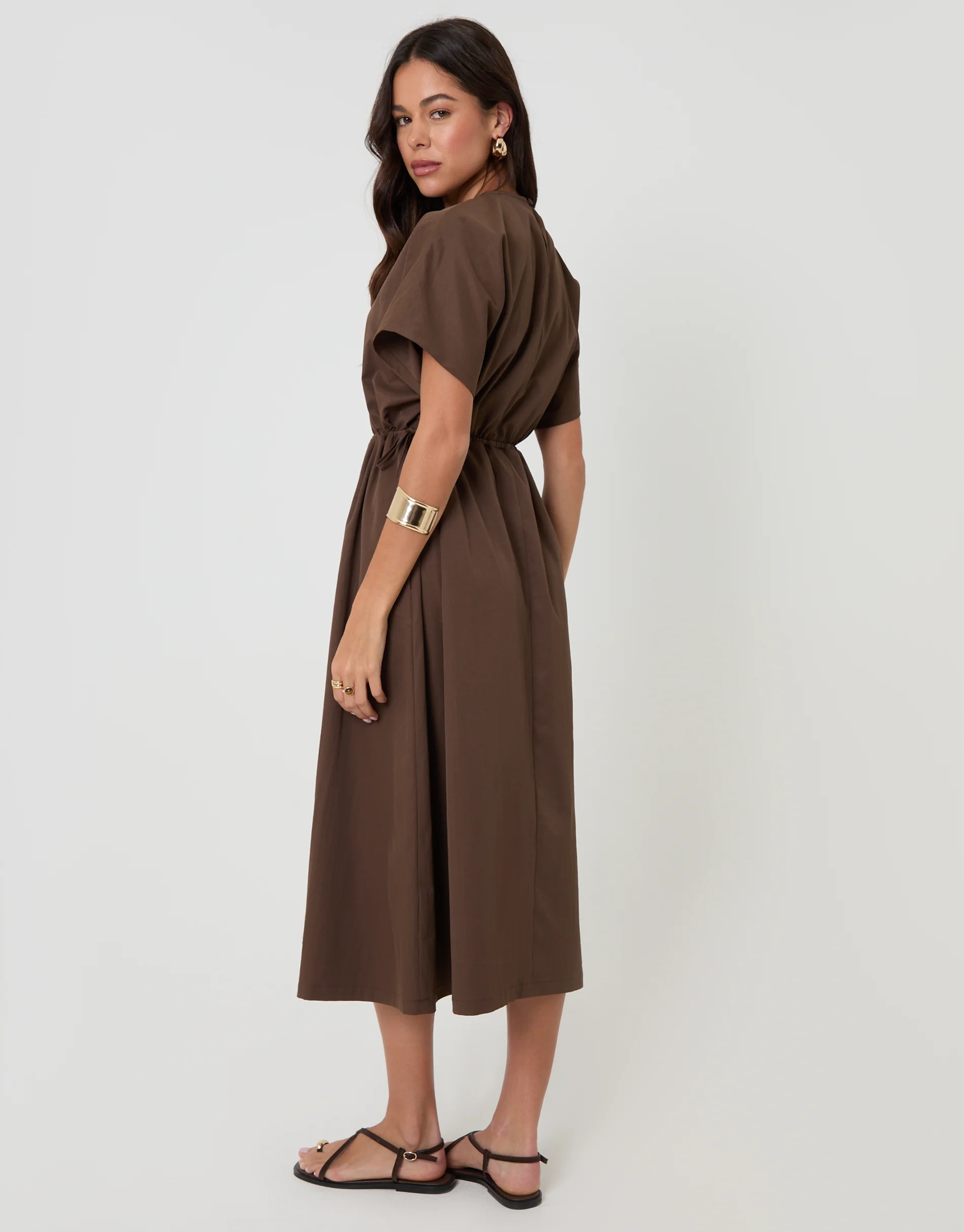 Kimono Sleeve Drawstring Waist Midi Dress in Chocolate Brown - Image 2