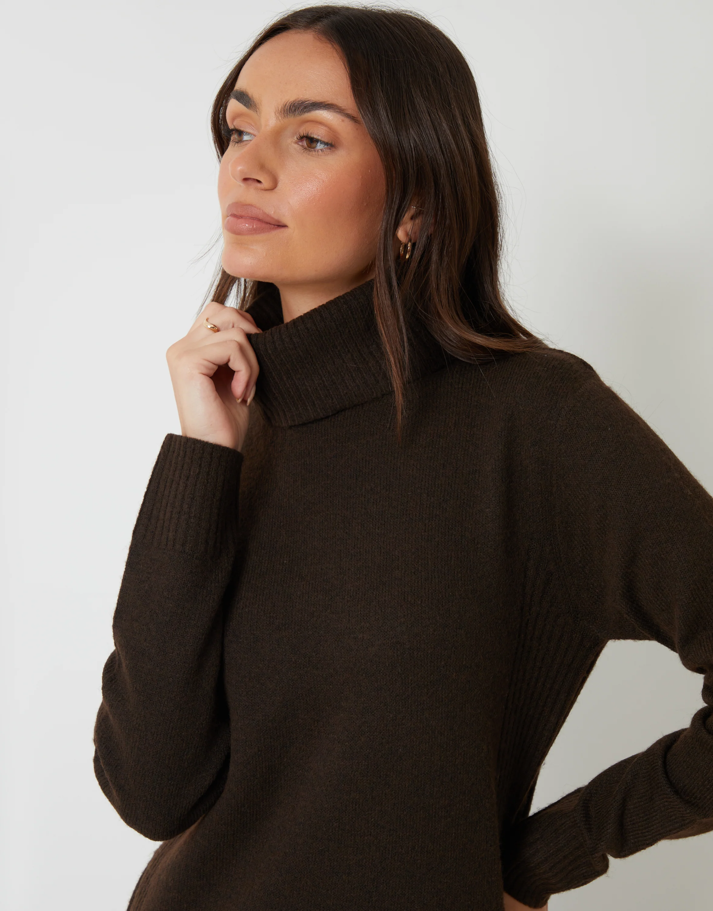Knitted Roll Neck Maxi Dress in Chocolate Brown - Image 4