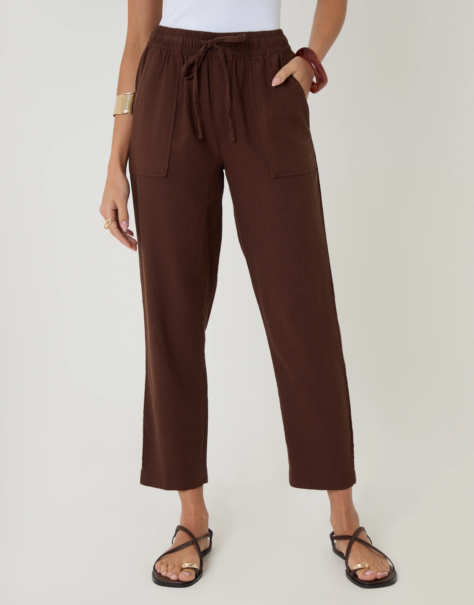 Linen Blend Drawstring Trousers in Chocolate Brown - Image 2