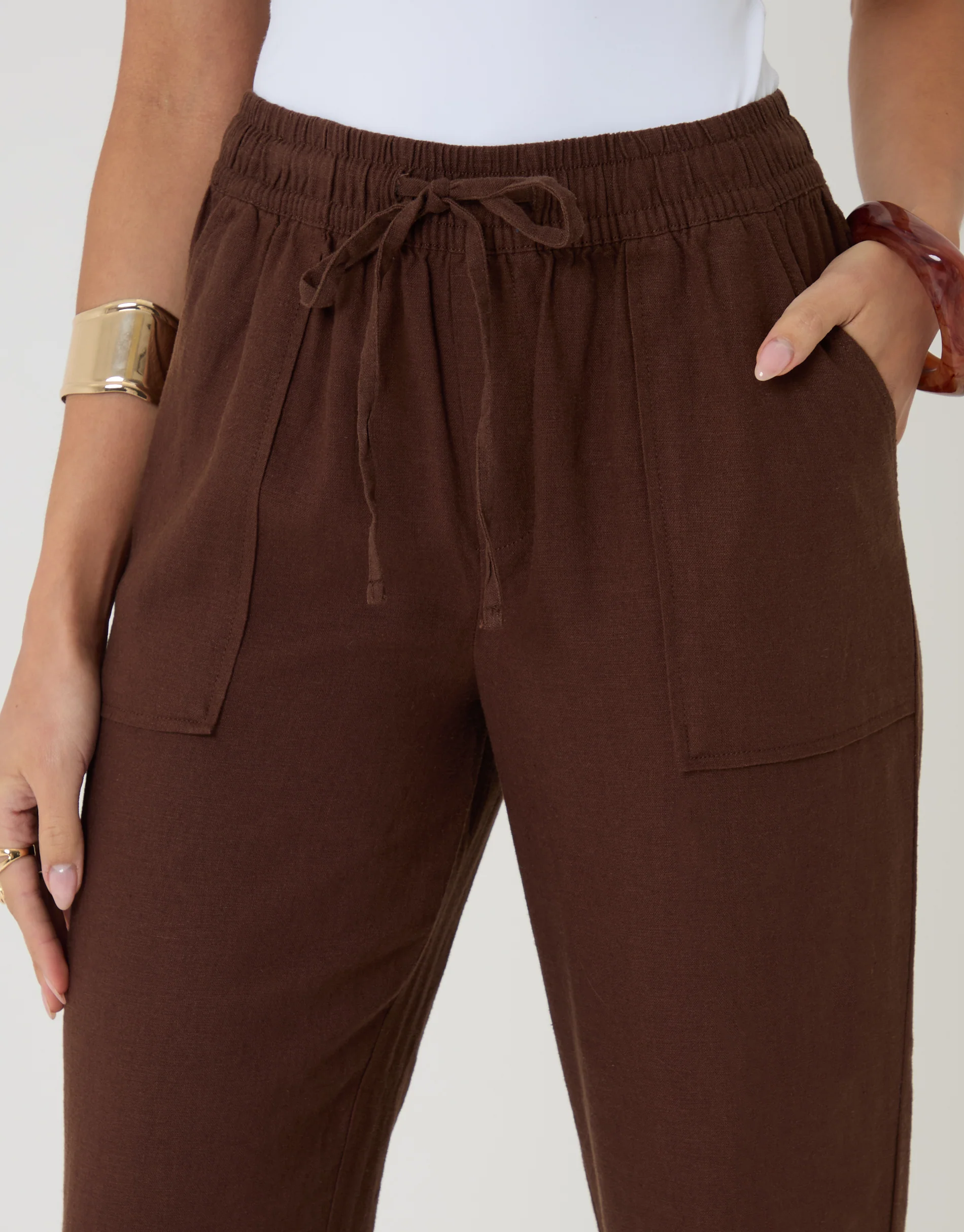 Linen Blend Drawstring Trousers in Chocolate Brown - Image 4