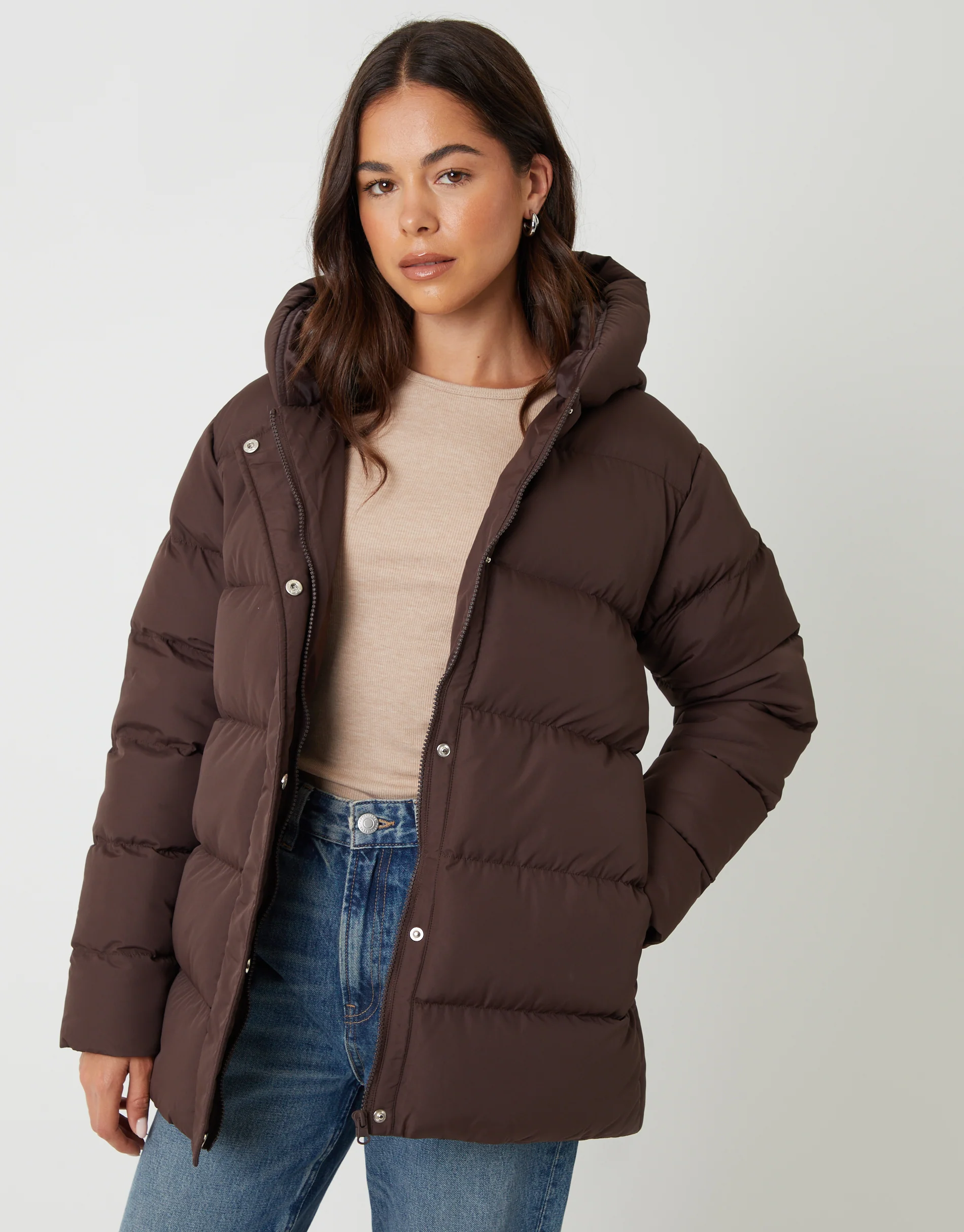 Petite Puffer Jacket in Chocolate Brown
